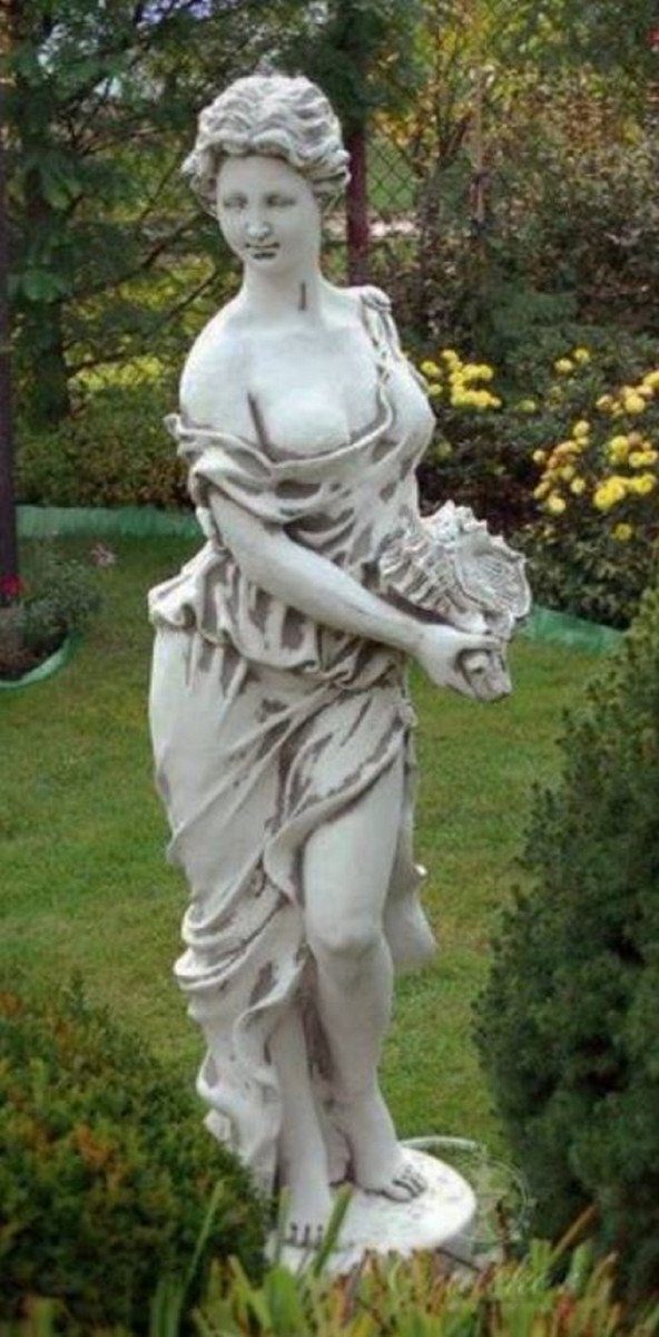 Casa Padrino Skulptur Jugendstil Garten Deko Skulptur Frau mit Muschel Grau 44 x 44 x H. 138 cm - Elegante Garten Deko Stein Figur - Barock & Jugendstil Garten Deko Accessoires