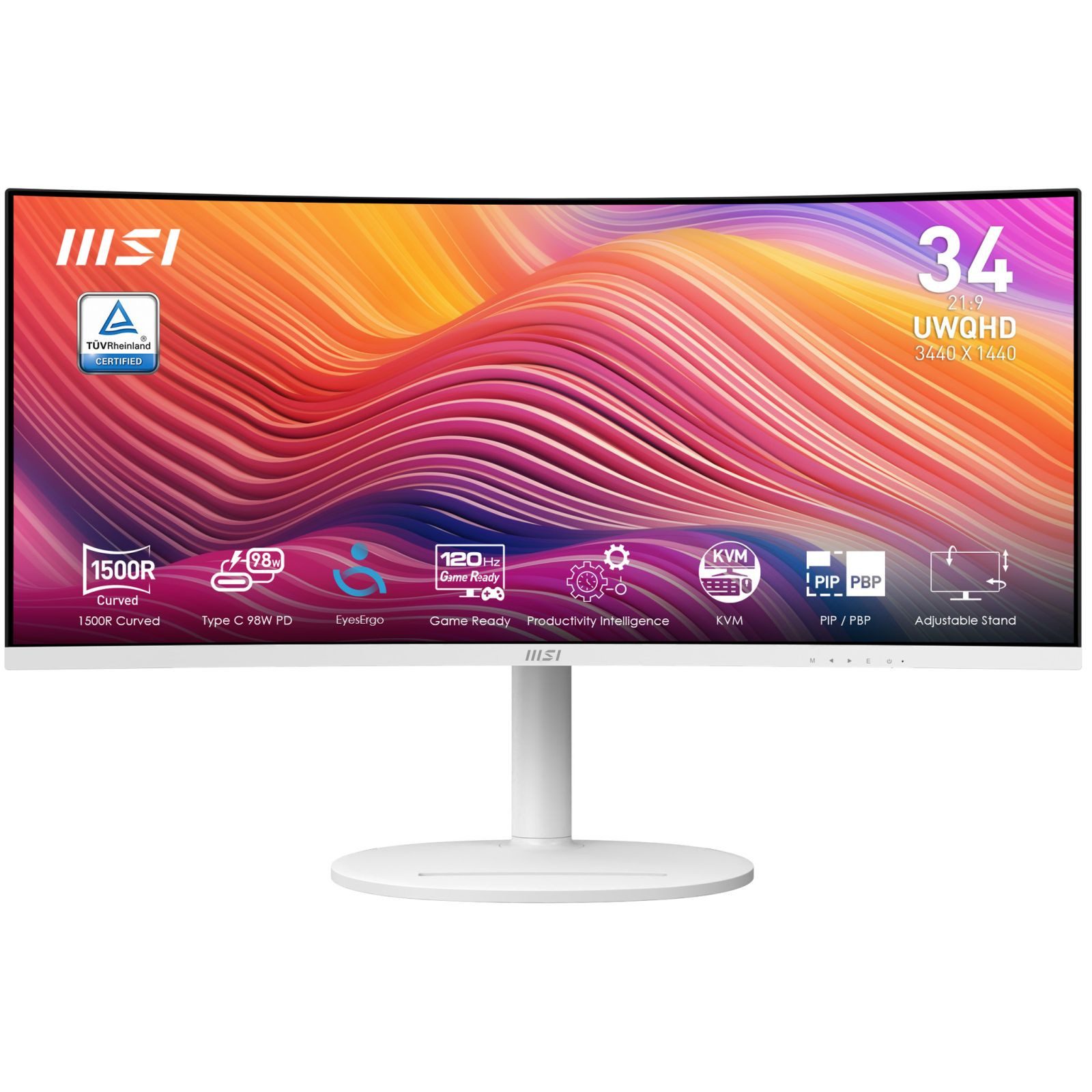 MSI Modern MD342CQPWDE TFT-Monitor (3440 x 1440 px, UltraWide Quad HD, 4 ms Reaktionszeit, 120 Hz, VA, Curved, Lautsprecher, Kopfhörerbuchse, Pivot, Höhenverstellbar)