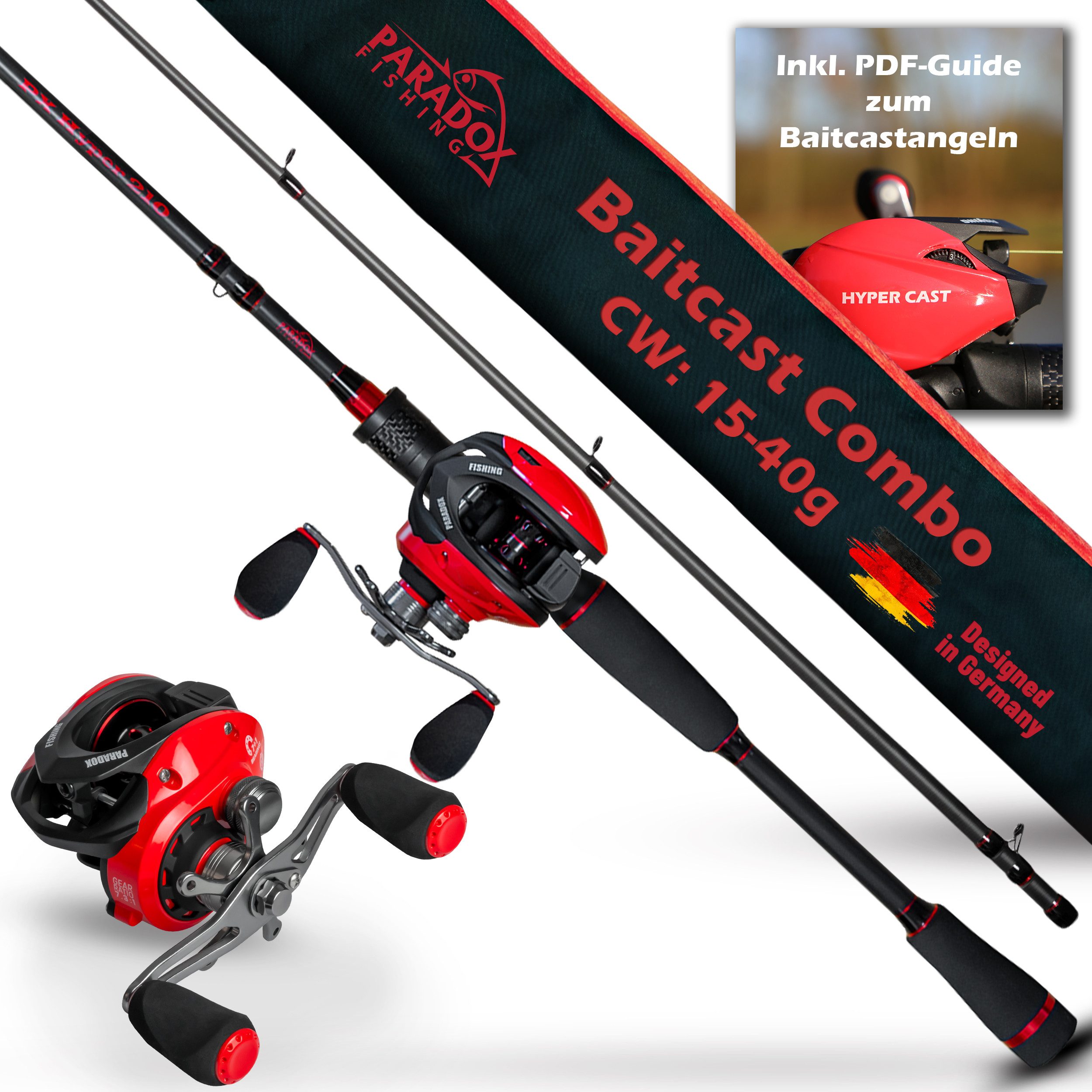 Paradox Fishing Baitcasterrute PX Hyper + Hyper Cast Rolle, (2,10m 10-20g, 15-40g, 20-60g), Magnet Bremse