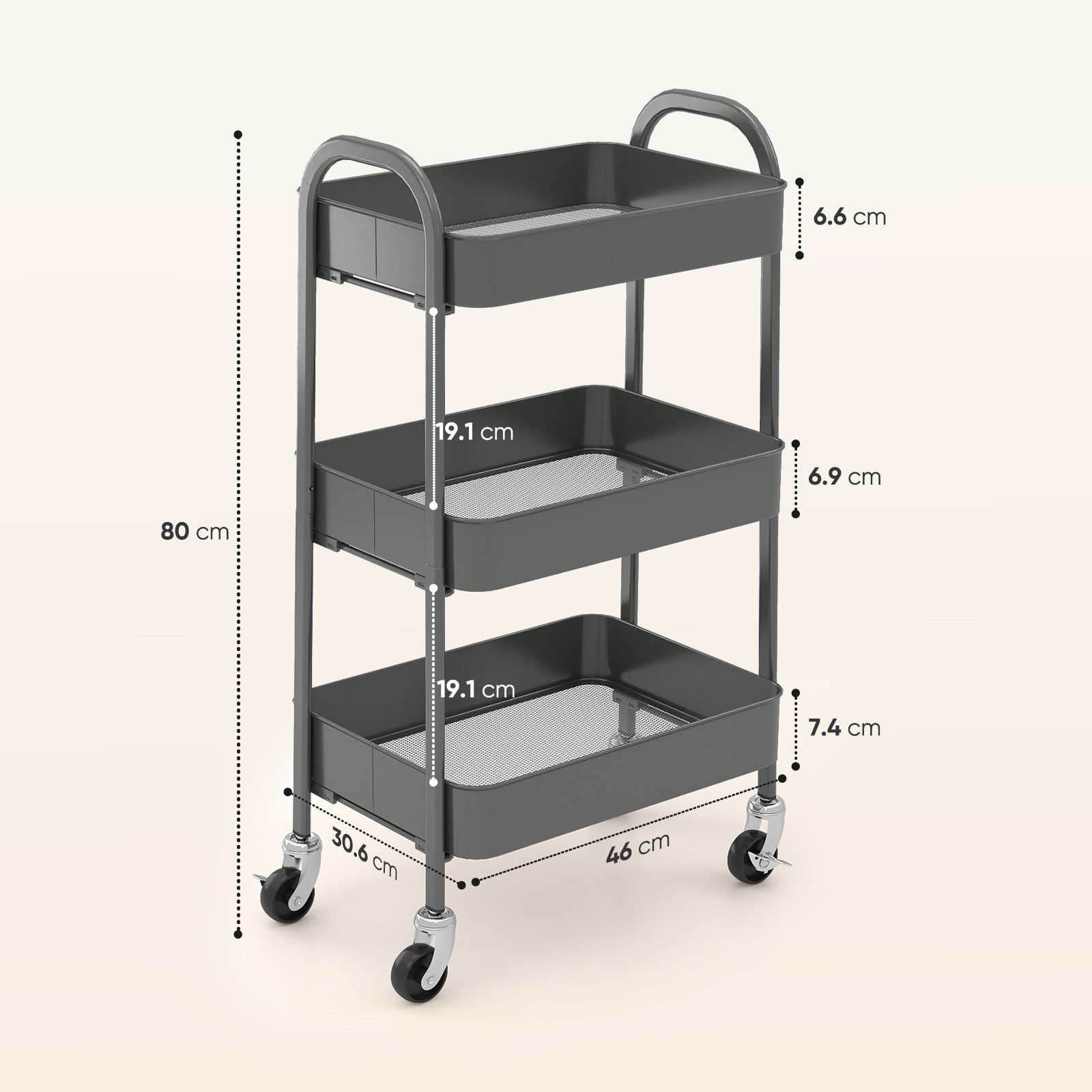 Sekey Küchenwagen Servierwagen mit Rollen Beistellwagen mit 3 Ablageebenen aus Metall, Innovatives Klick-Design für schnelle Montage ohne Schrauben