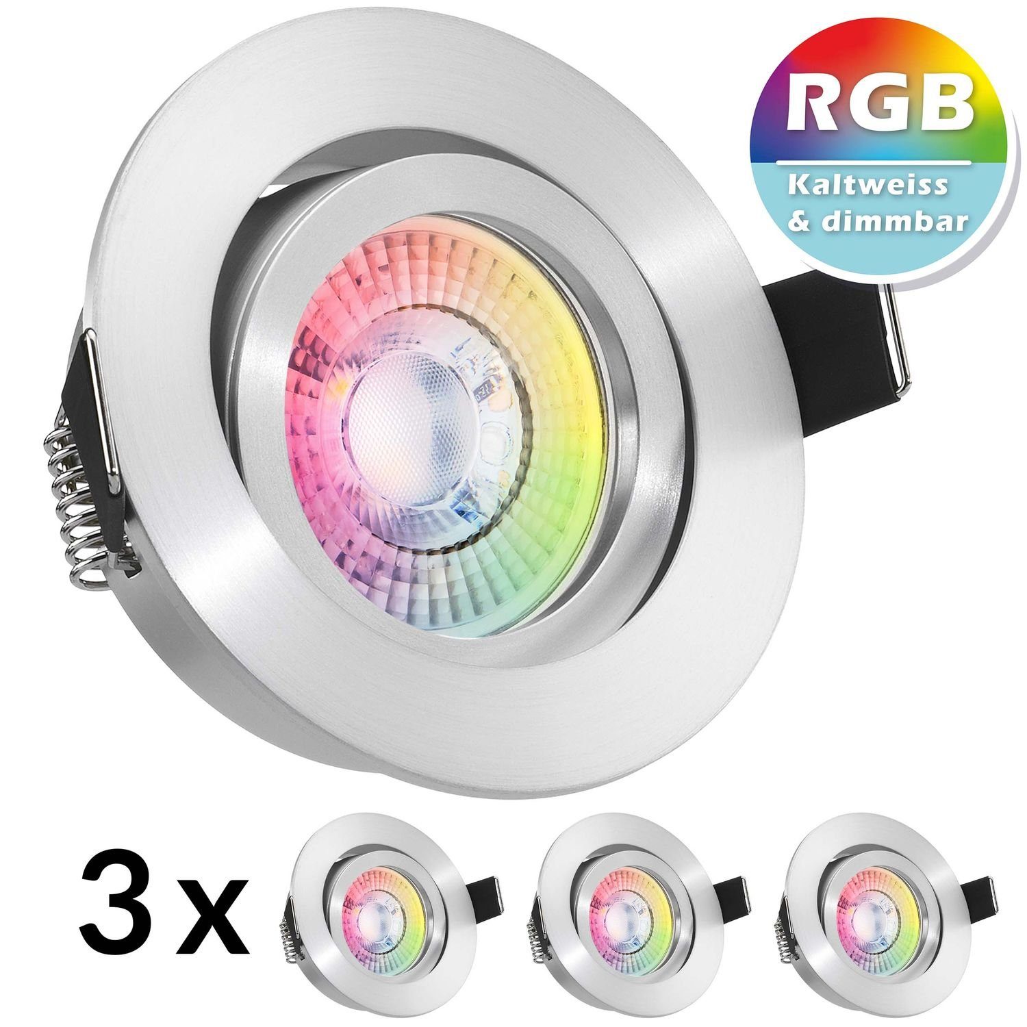 LEDANDO LED Einbaustrahler 3er RGB LED Einbaustrahler Set extra flach in aluminium matt mit 3W LE | Strahler
