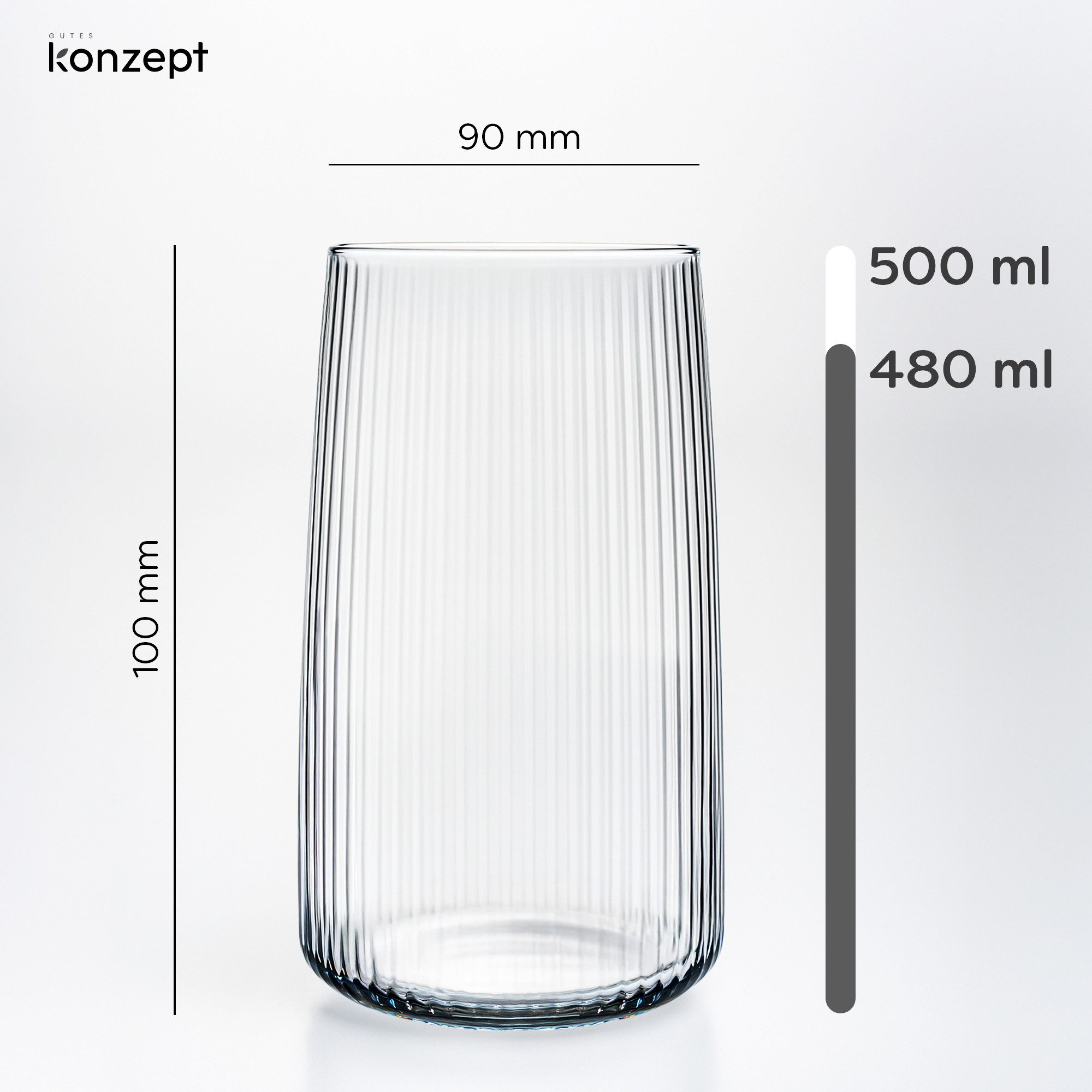 KONZEPT Gläser-Set 6 teilig mit Rillenstruktur (480 ml), Trinkgläser hohe Qualität, 6-tlg., Bleifreies Glas, Hergestellt in der EU