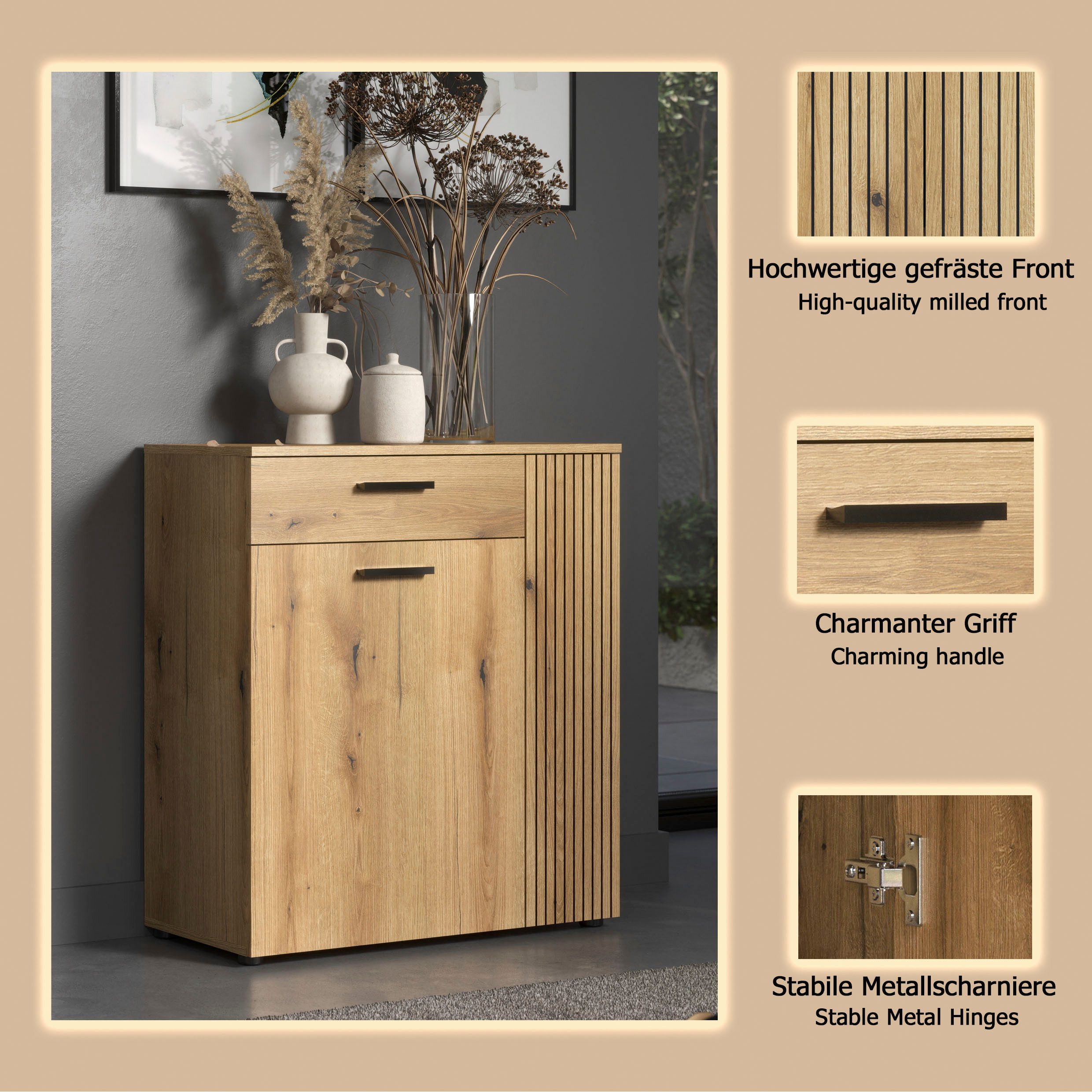 Home affaire Kommode Amrum (1 St), Schuhschrank 2 Türen & 1 Vollauszug Schublade - (B/T/H) 80/36/89 cm