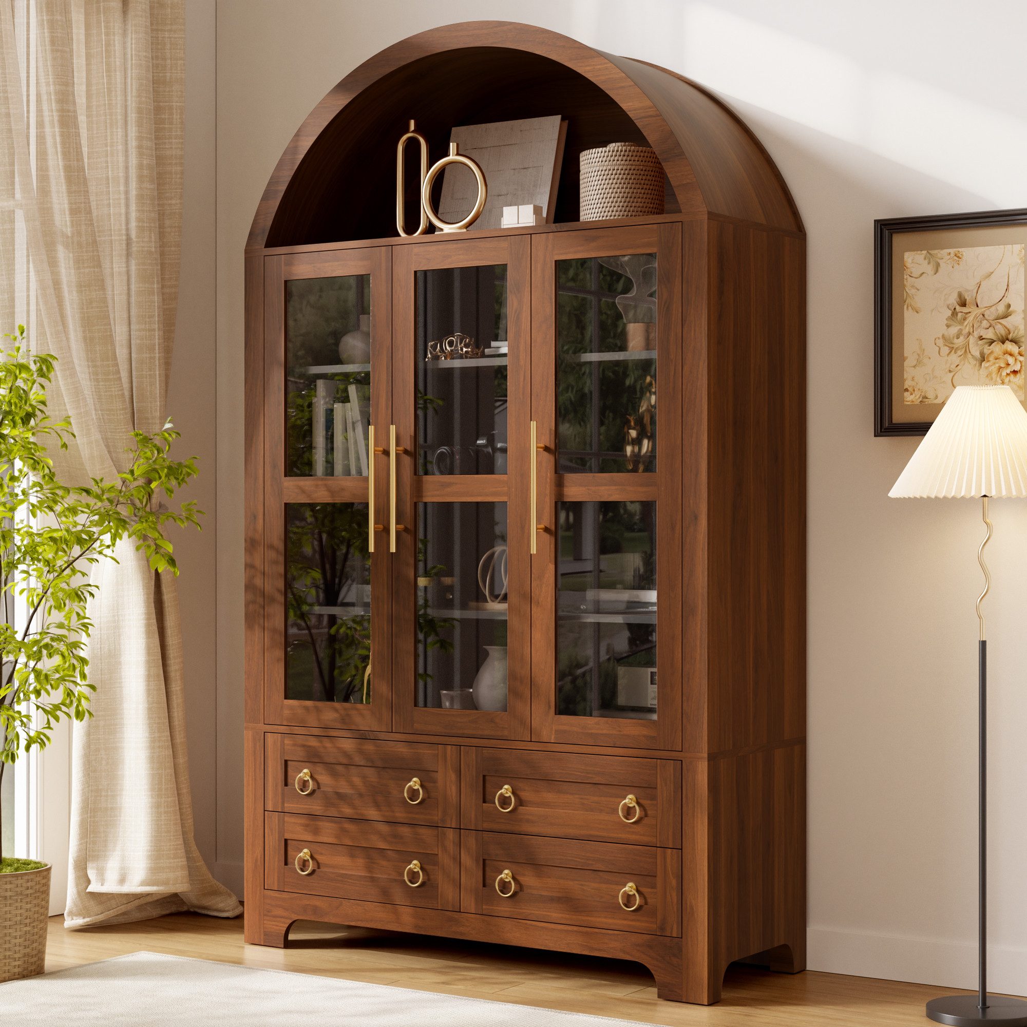 Merax Hochschrank Bogen-Mehrzweckschrank Glasvitrine mit Aluminiumgriffen (Anrichte Sideboard Aufbewahrungsschrank, 1-St., 110 L x 40 B x 185 H cm) Wohnzimmerschrank mit 3 Glastüren,4 Schubladen, offenem Rundbogen-Fach