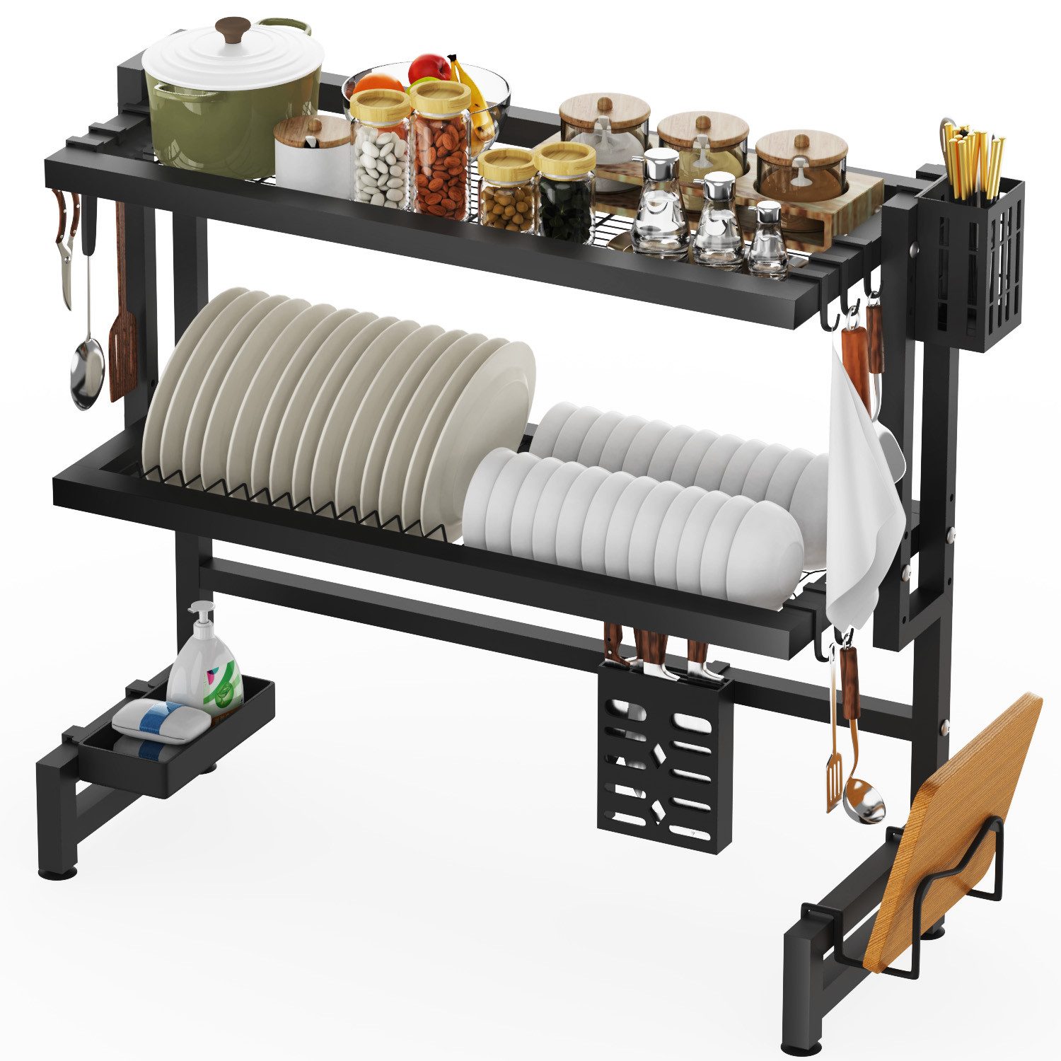 oyajia Geschirrständer Küchenregal über Spüle 2-stöckig aus Stahl, 85 cm aus Carbonstahl, mit Messerhalter, Schneidebrettständer & Haken, über Spüle Regal