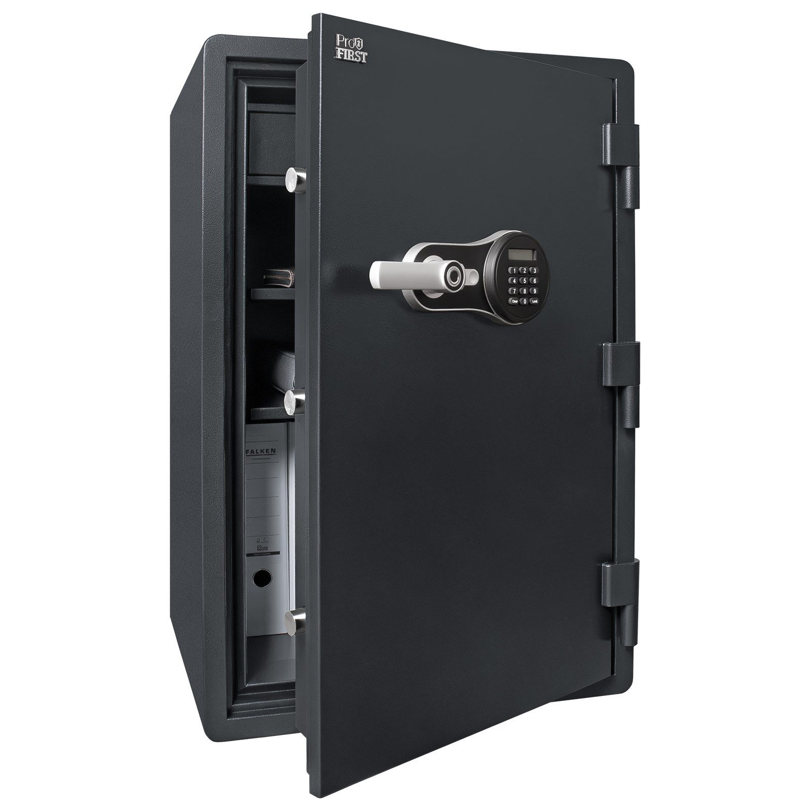 Profirst Feuerschutztresor FireGuard 90 Elektronikschloss mit Fingerprint (Notöffnung, Panikverschluss, LED-Beleuchtung, 2 verstellbare Fachböden, inkl. Befestigungsmaterial, 920x600x570 mm), 60 Minuten Feuerschutz nach UL-Test