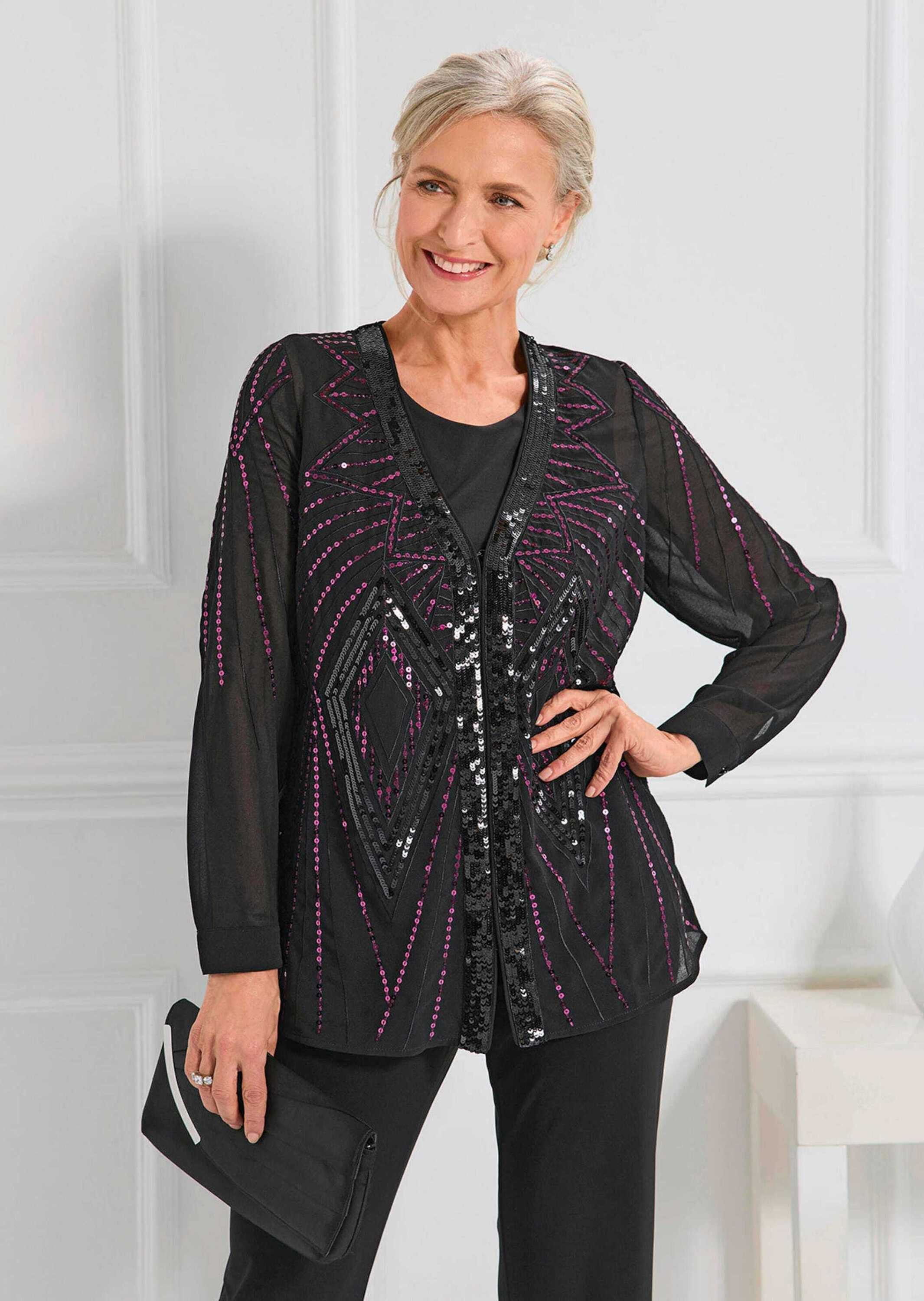 GOLDNER Chiffonbluse Edle Pailletten-Jacke mit V-Ausschnitt Blusenjacke mit grafischem Muster, Häkchenverschluss und Langarm