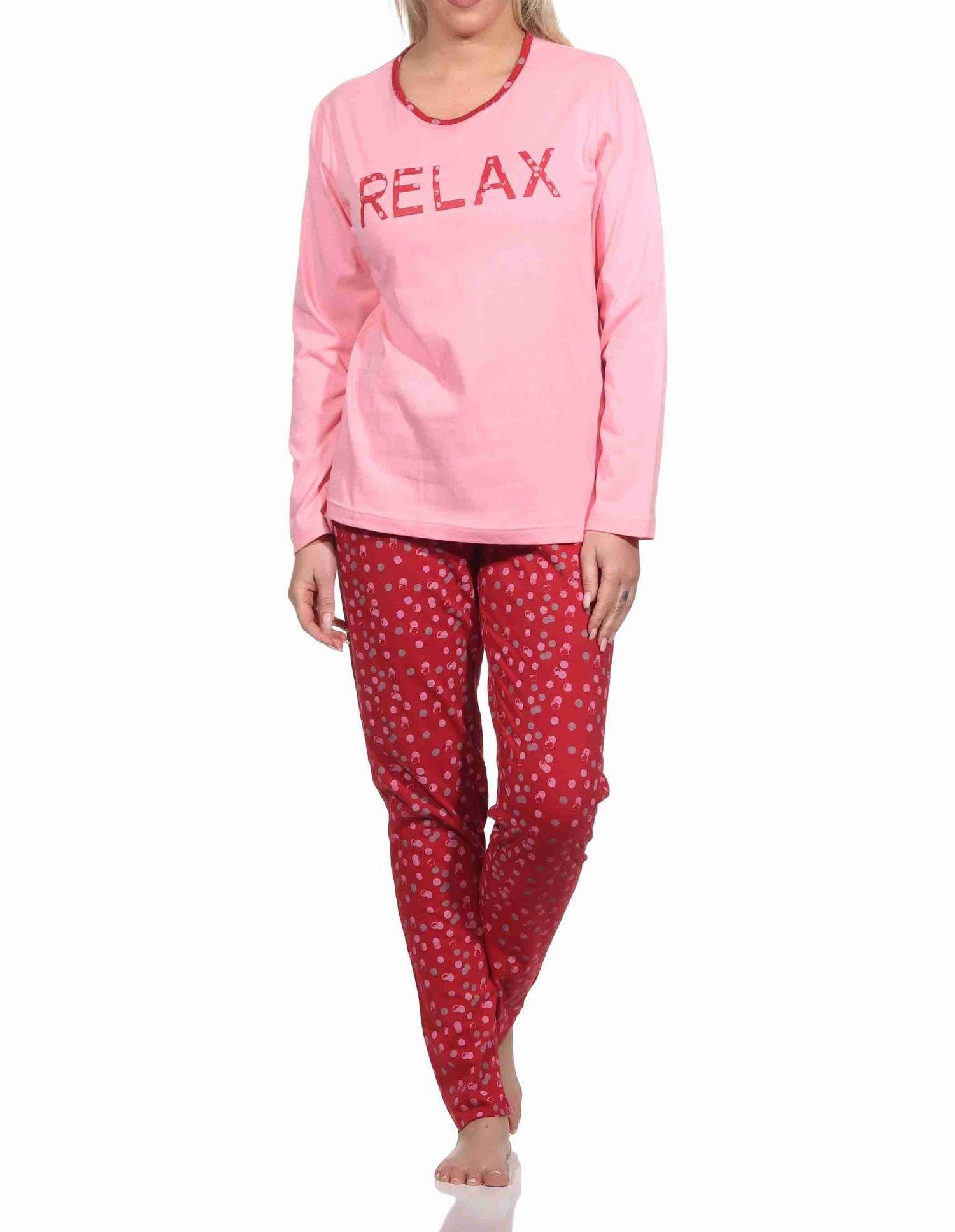 Pyjama Damen Schlafanzug lang in Tupfenoptik