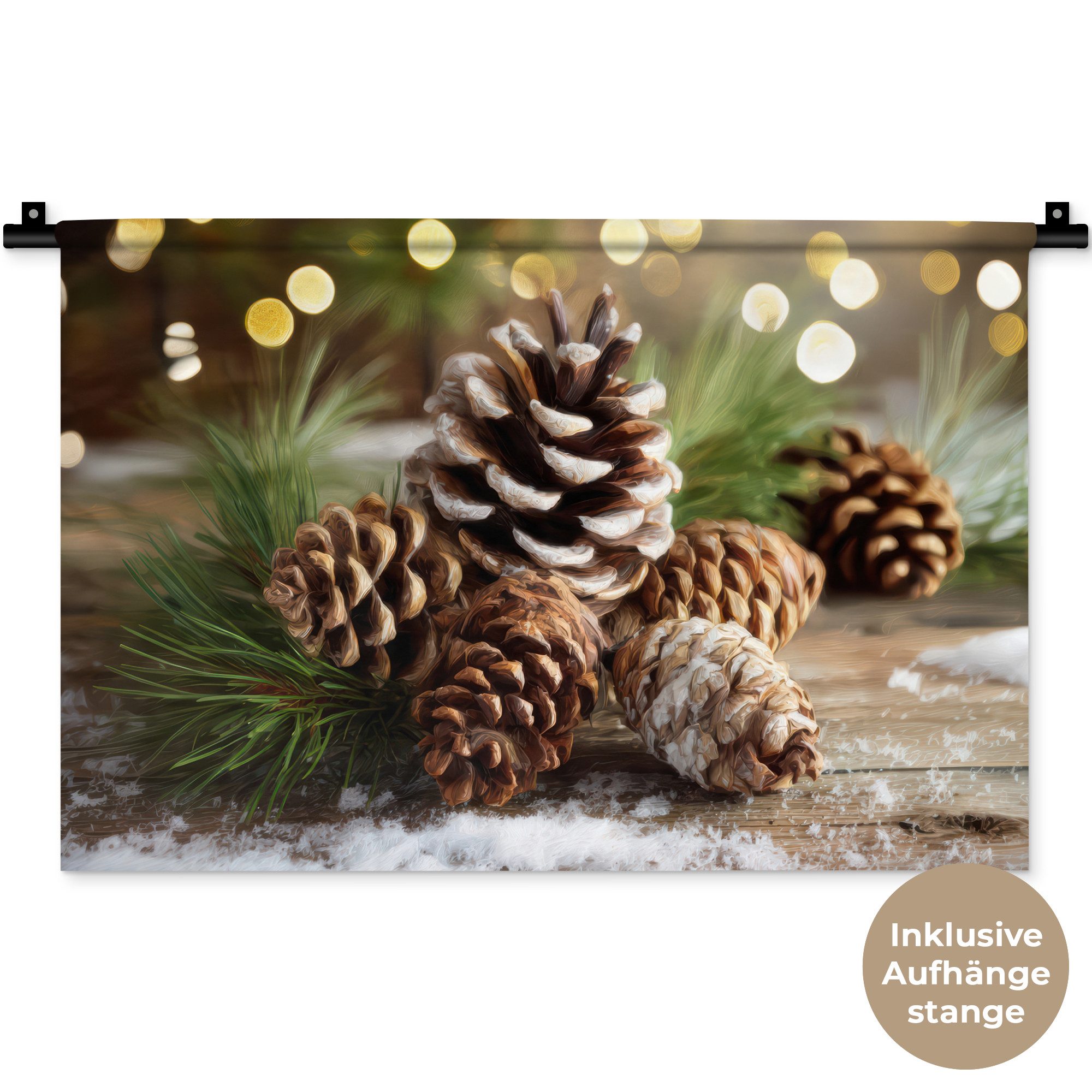 MuchoWow Wandteppich Tannenzapfen - Weihnachtsstimmung - Braun - Grün, Rechteckig, Höhe: 3 mm, Wandteppich für Wohnzimmer, Schlafzimmer, 60x40 cm