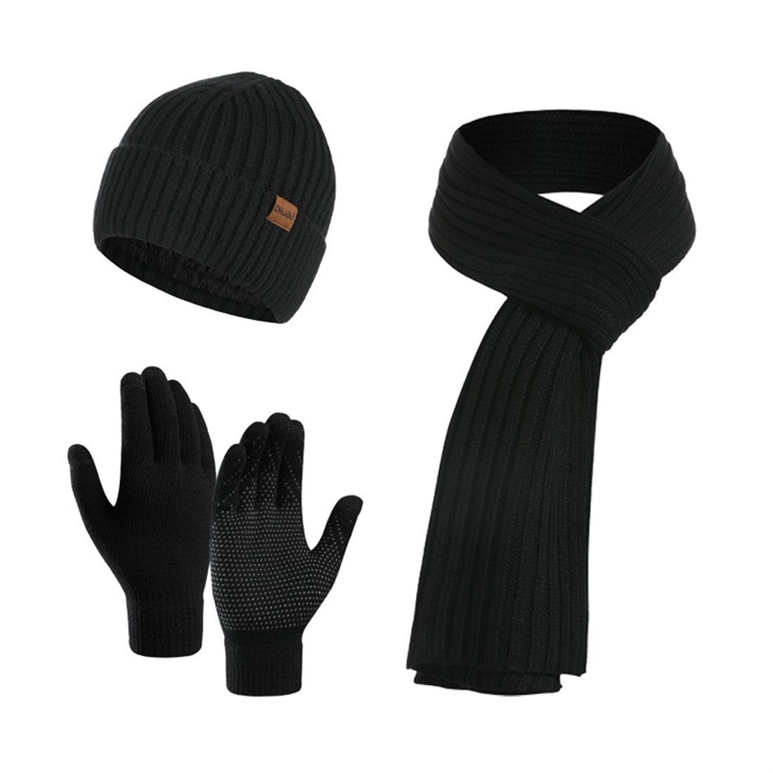 DÖRÖY Strickmütze Unisex Winter Strickmütze, Solid Farbe Hut Schal Handschuhe 3er Set Schwarz