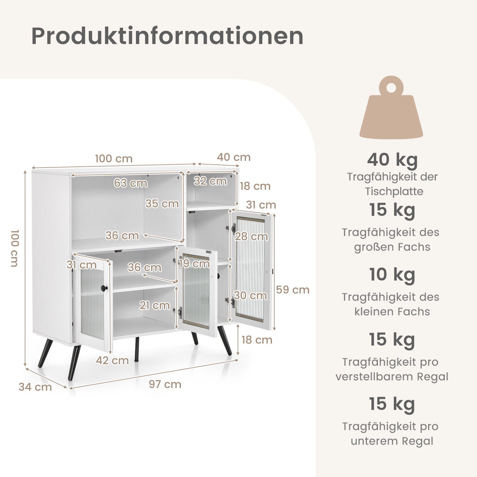 COSTWAY Küchenbuffet mit Glastüren Weiß Kippschutz, Fächern, | weiß & 100x39,5x100cm