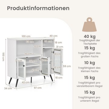 COSTWAY Küchenbuffet Schrank mit Glastüren & Fächern, weiß, 100x39,5x100cm