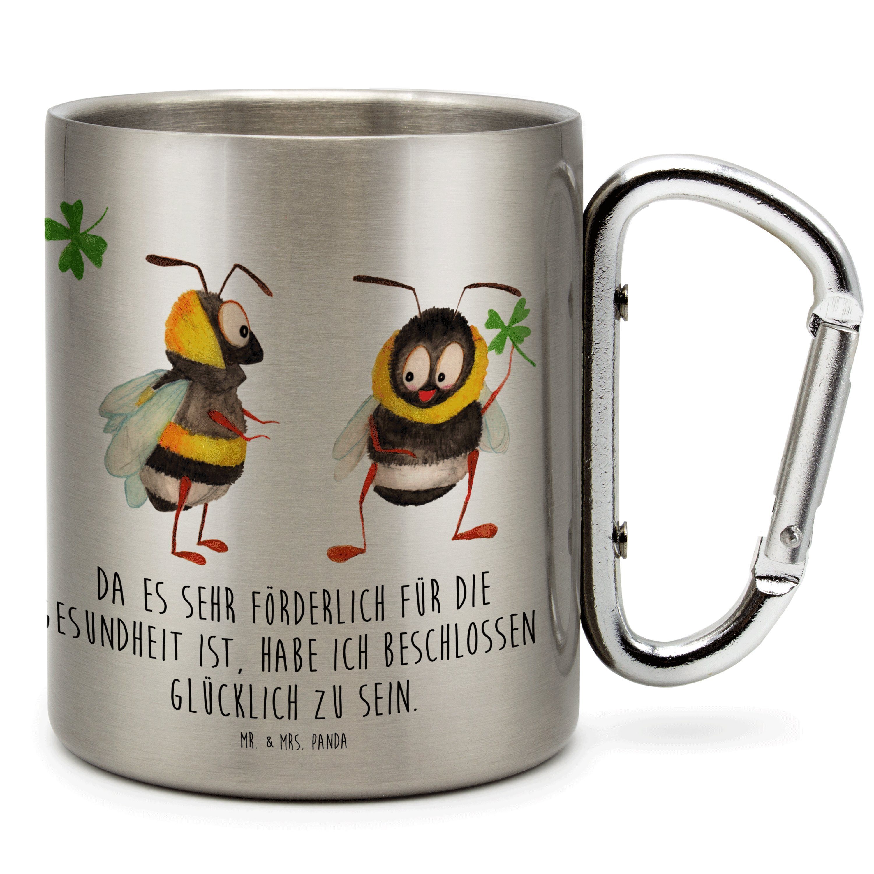 Mr. & Mrs. Panda Tasse Hummeln Kleeblatt, Campingtasse, Transparent, Spruch Positiv, schön, Edelstahl, Edelstahl-Isolierbecher Karabiner Becher Reisebecher