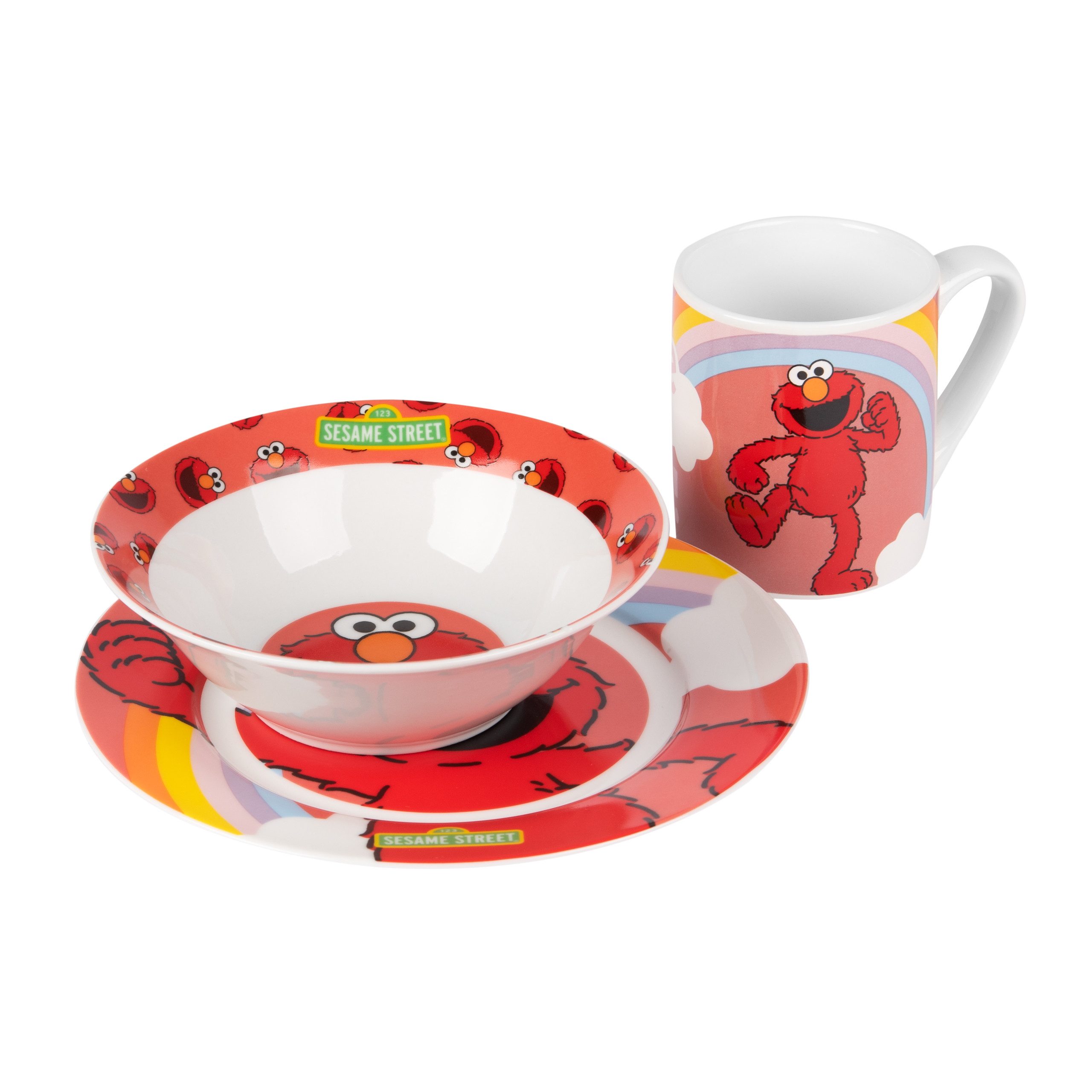 United Labels® Frühstücks-Geschirrset Sesamstraße - Elmo - Set, 3-tlg., 1 Personen, Porzellan