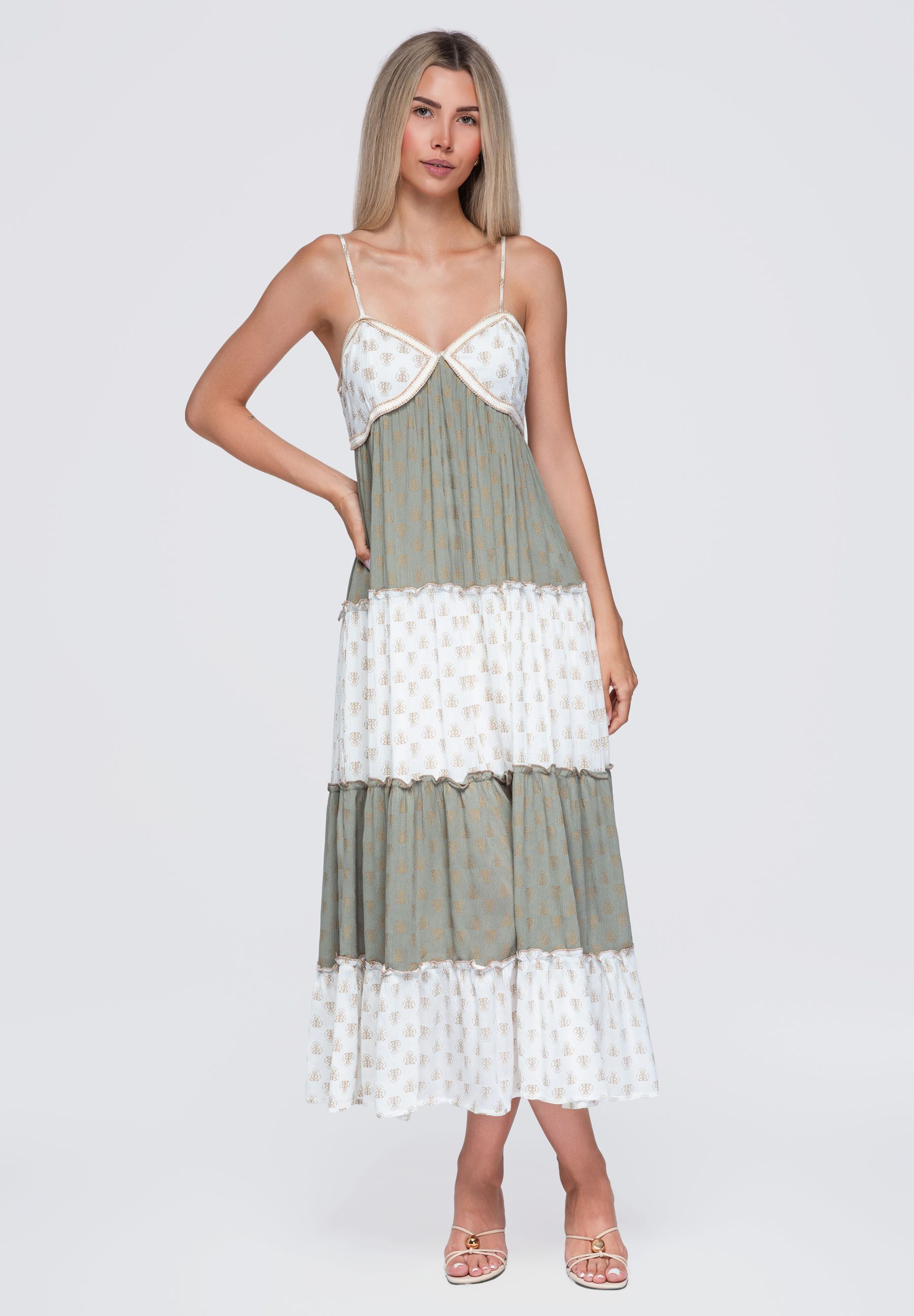 OMBRE Maxikleid Damen Maxikleid mit V-Ausschnitt und Rüschen Grün M (kein Set, 1-tlg) maxi Länge