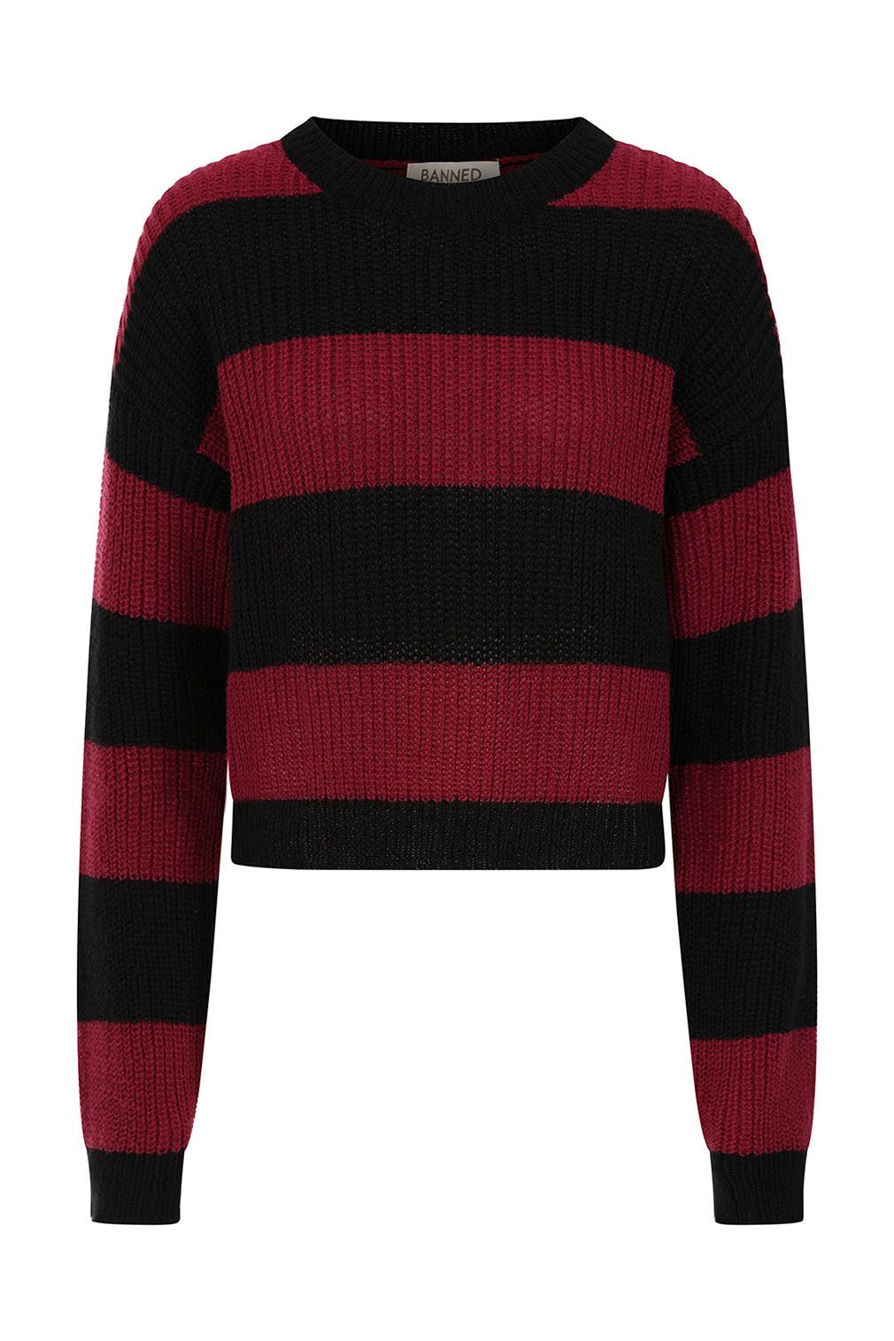Banned Strickpullover Gestreift Schwarz Burgunder Strickpullover Punk Grufti Gothic