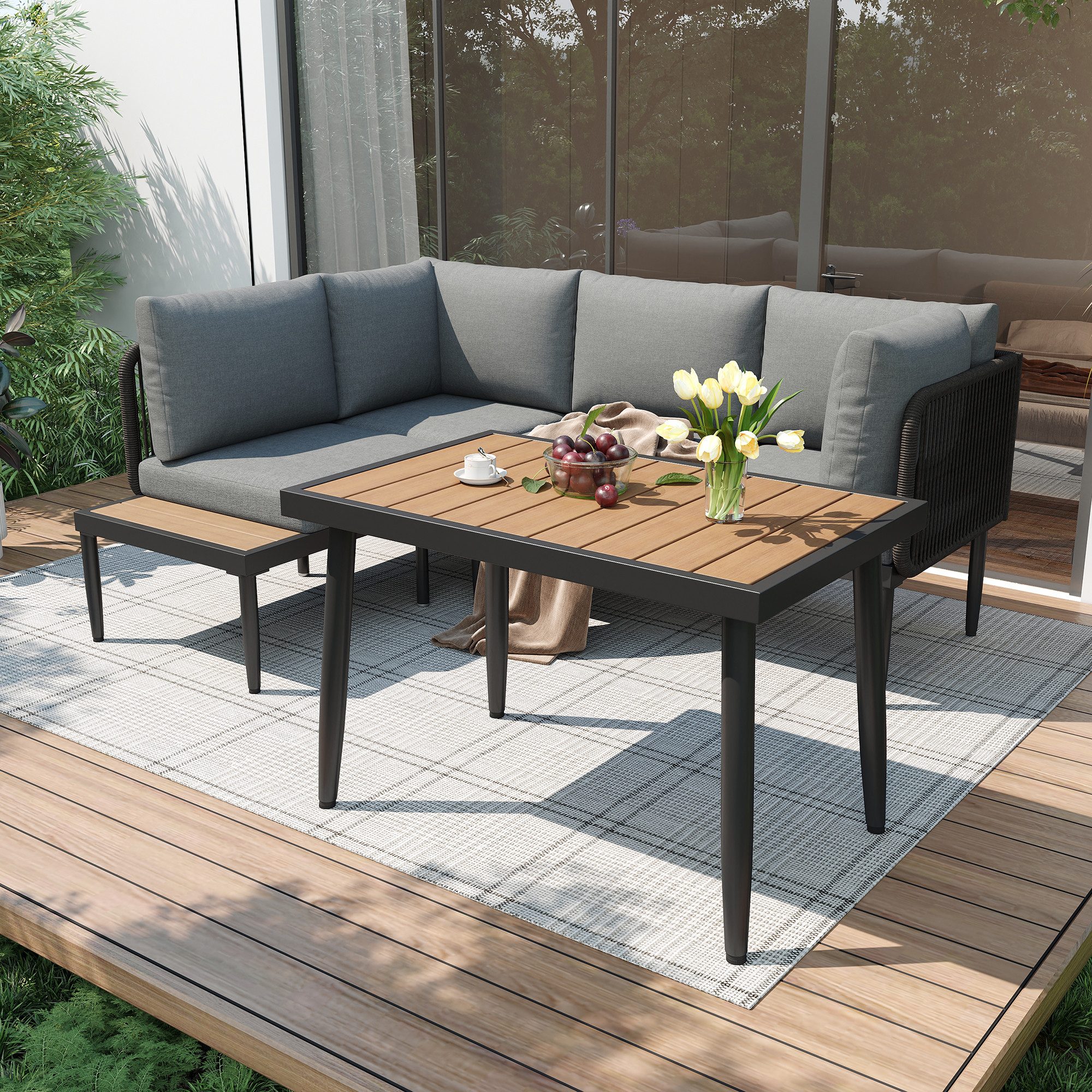 Merax Gartenlounge-Set aus verzinktem Stahl und handgeflochtenem Seil, (3-tlg., Sitzgruppe Gartengarnitur mit Tischplatte aus Kunststoff), 4-Sitzer Gartenmöbel-Set Essgruppe mit 2 Ecksofa & Esstisch