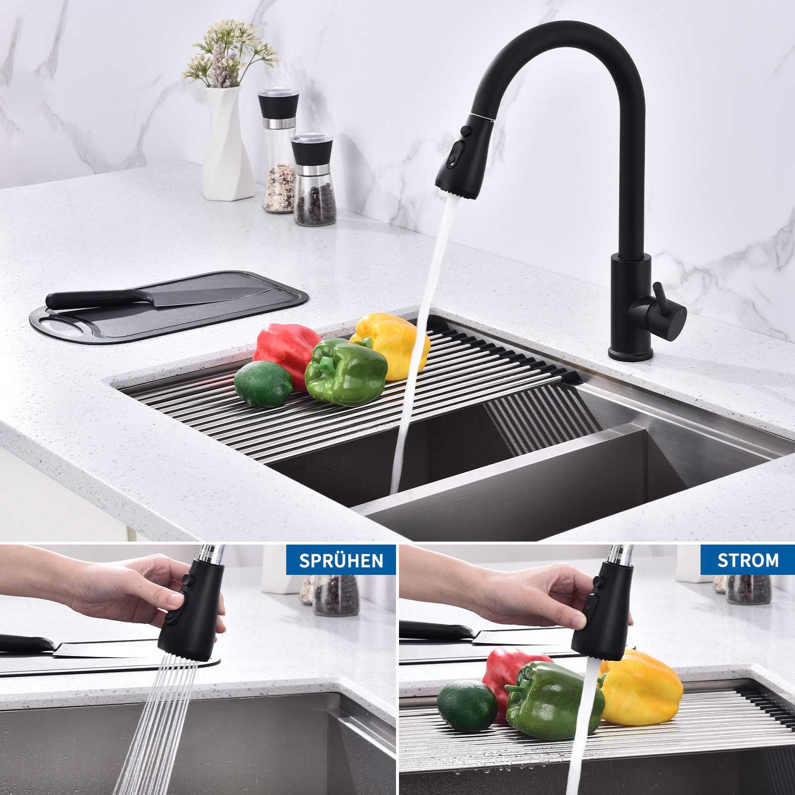 HOMELODY Spültischarmatur Hochdruck Wasserhahn Küche 360° Küchenarmatur mit Ausziehbarer (Mischbatterie, versenkbare Armatur)