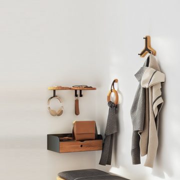 Woodek Design Garderobenhaken HUGO mit 3 Haken, moderner Wandaufhänger, H20 x B18 x T6 cm (Flurgarderobe aus geöltem Eichenholz und schwarzem Metall, 1 St., minimalistischer Wandhaken), skandinavischer Kleiderhaken
