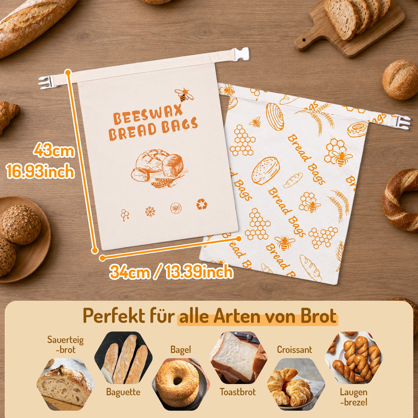JOYOLEDER Brottasche Bienenwachs Brotbeutel 2 Stück, 43×34 cm Wiederverwendbar, (für Brot, Brotbeutel Aufbewahrung Frischhalten, mit Reißverschluss, zur Aufbewa – Bild 2 von 5