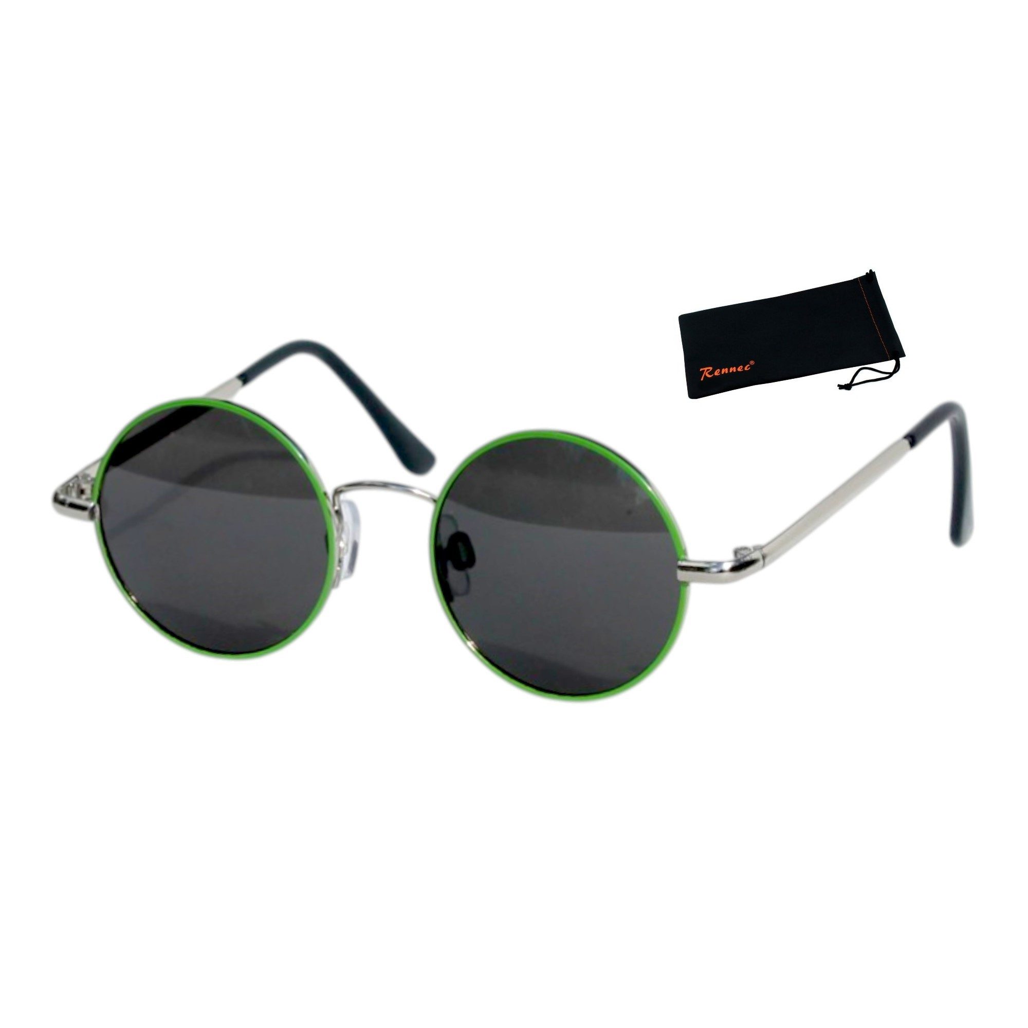 Rennec Sonnenbrille Kinder Brille Rund UV400 Schwarz Polarisiert mit Brillenbeutel Nickelbrille Jungen Mädchen, 5 bis 9 Jahren, Linsen Schwarz Getönt