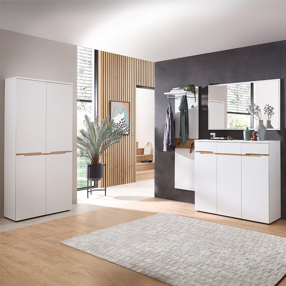 Lomadox Garderoben-Set MANRESA-36-WHITE, (Spar-Set, 4-St., Schuhschränke Spiegel Garderobenpaneel), in weiß mit Eiche, grifflos, mit Schuhschrank und Spiegel