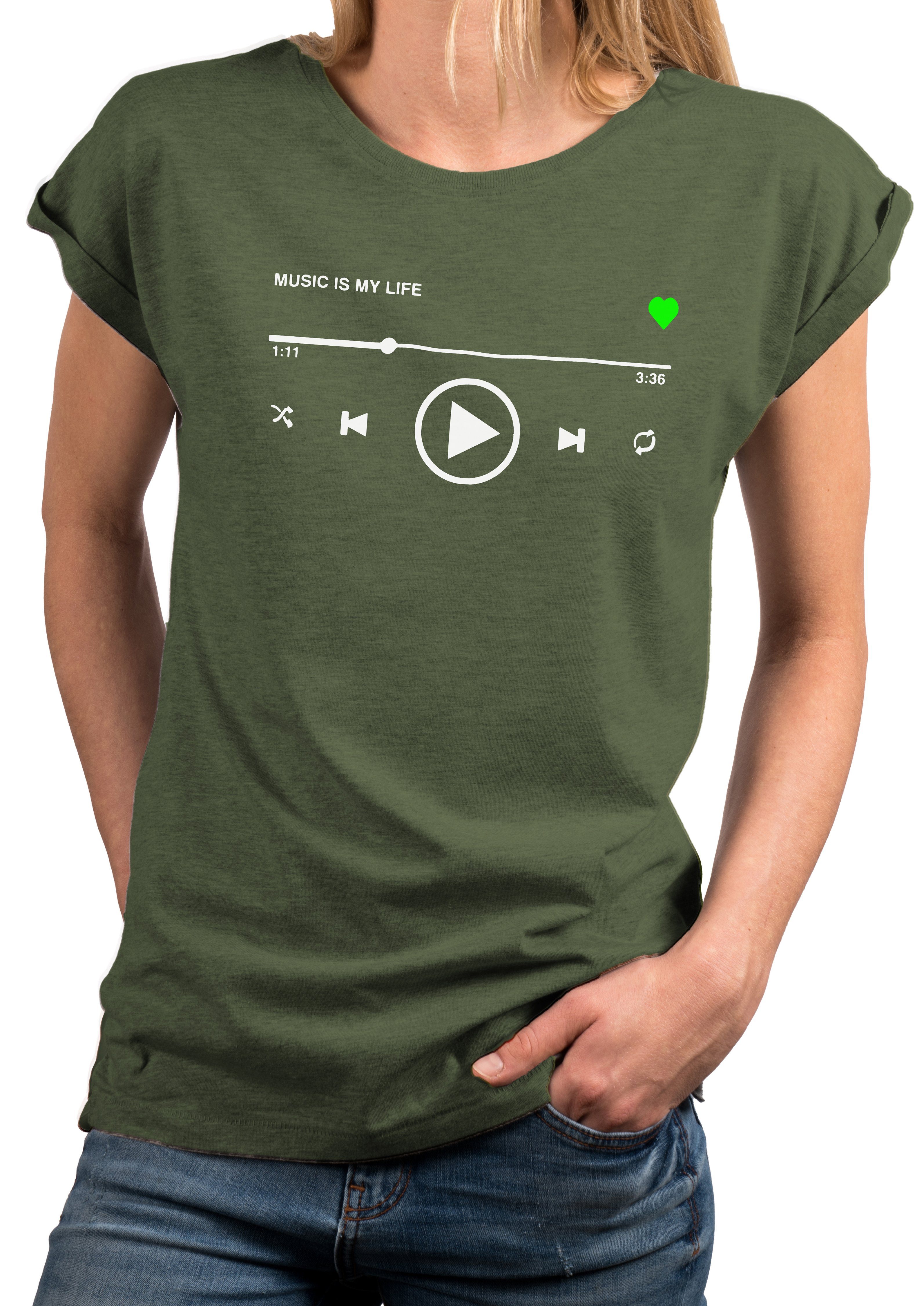 Print-Shirt Kurzarmshirt, Sommer MAKAYA Aufdruck Musik Größen große Kurzarm Motiv Grün Top Damen Baumwolle