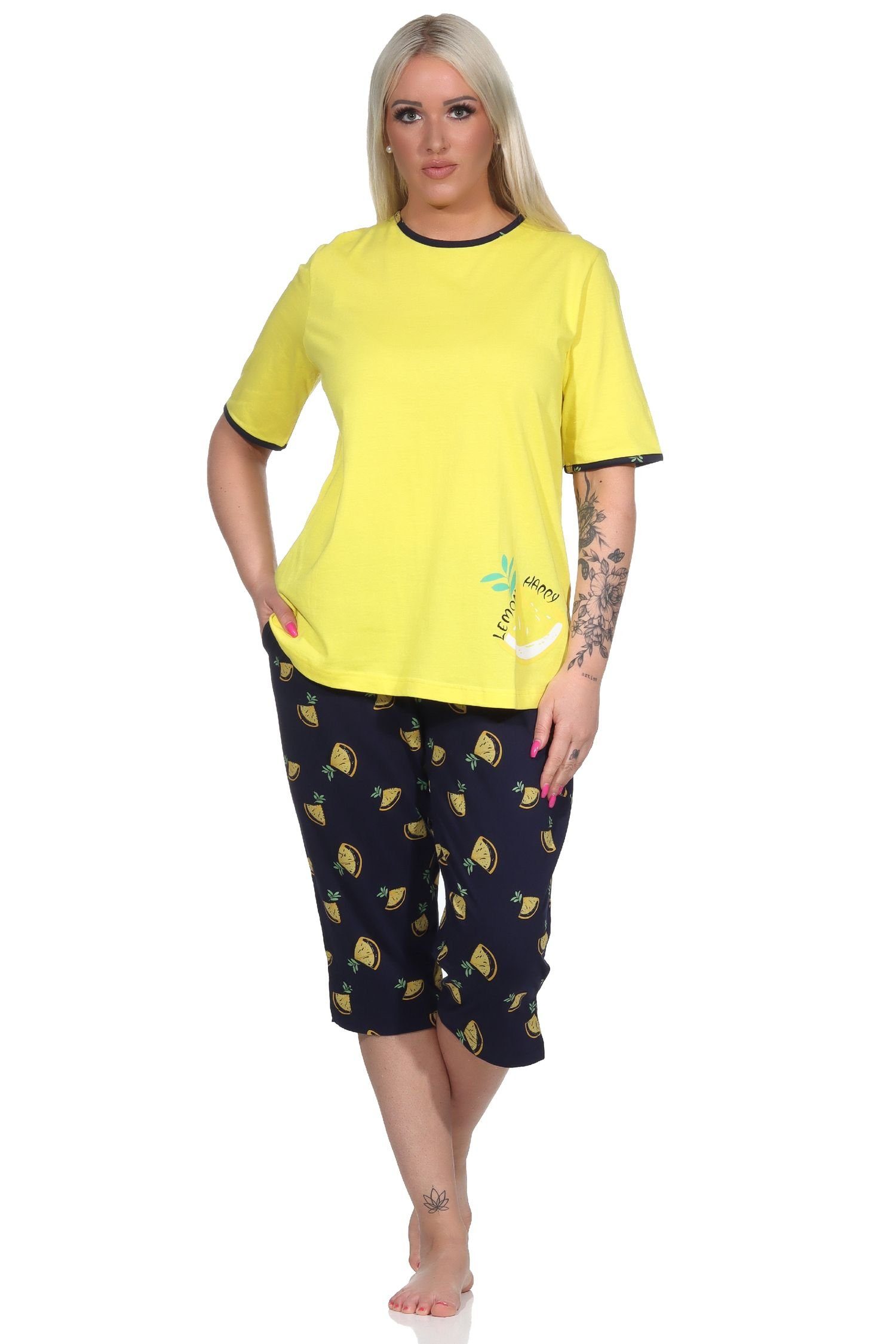 Pyjama Süsser Damen kurzarm Capri Schlafanzug mit Zitronen als Motiv