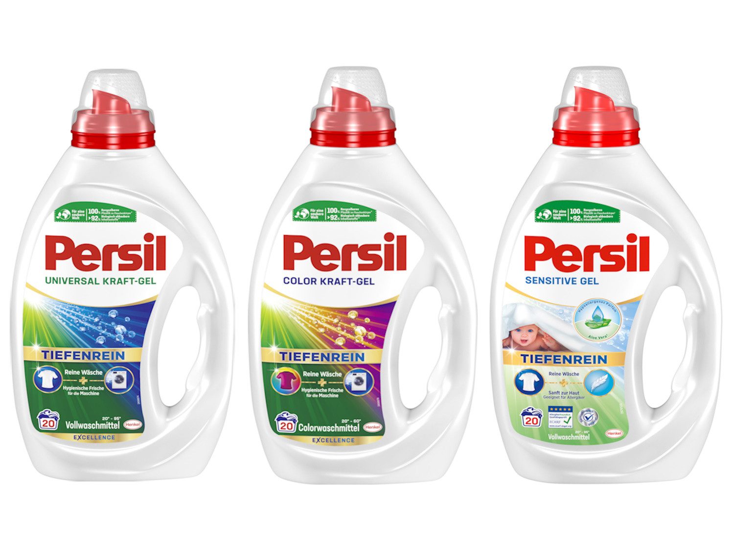 Persil Color & Kraft-Gel Universal & Sensitive Gel (3x 900ml) Feinwaschmittel (Spar-Set, [3-St. mit Tiefenrein Technologie & Flüssigwaschmittel für Allergiker & Babys)