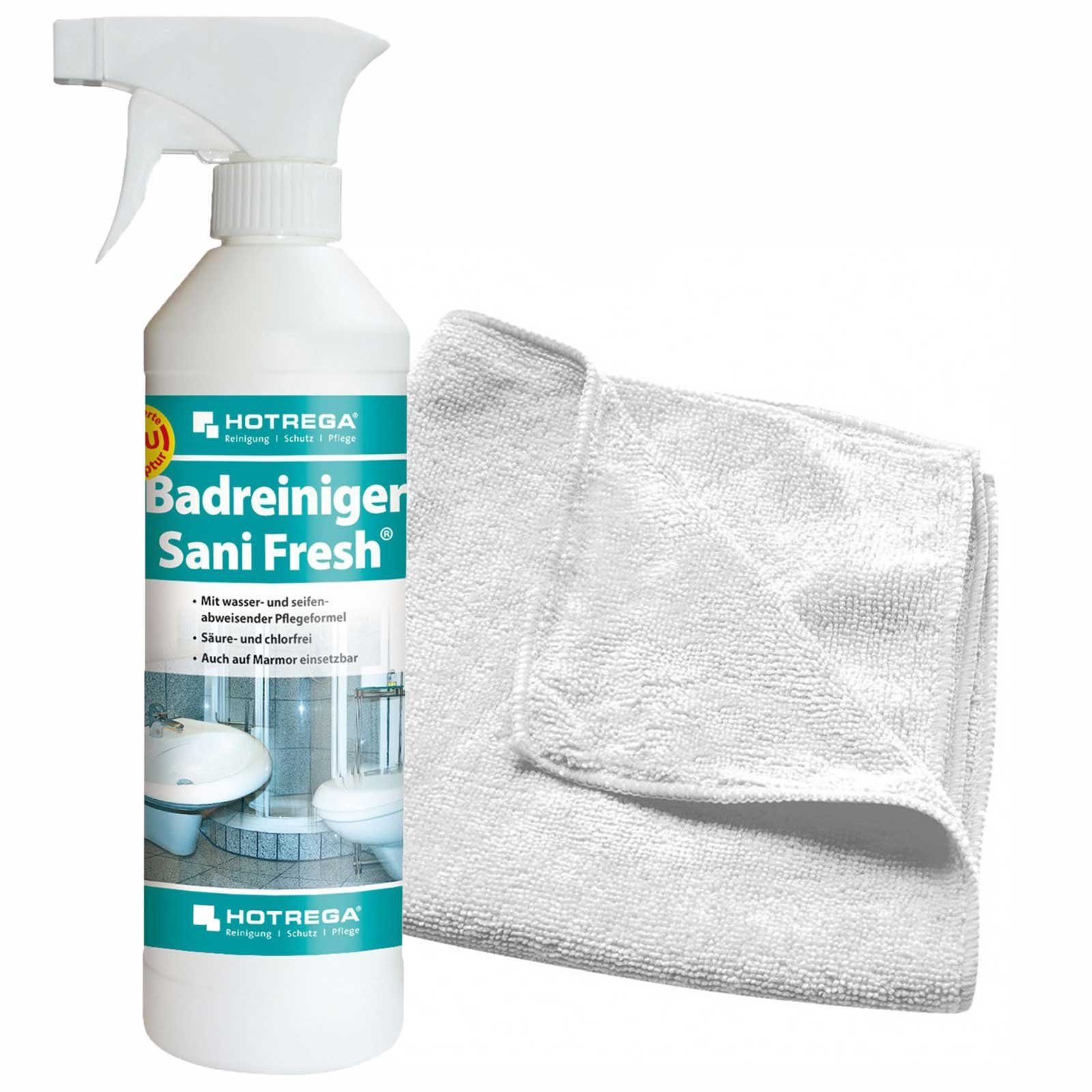 HOTREGA® Badreiniger Sani Fresh Sanitär Reiniger Kalklöser 500ml Microfasertuch Badreiniger
