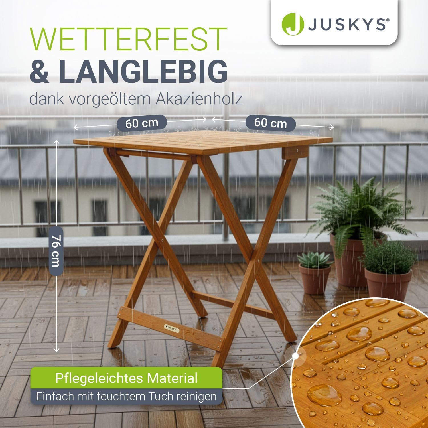 Juskys Gartentisch Zadar, Robustes Akazienholz, Klapptisch platzsparend, Leicht und mobil