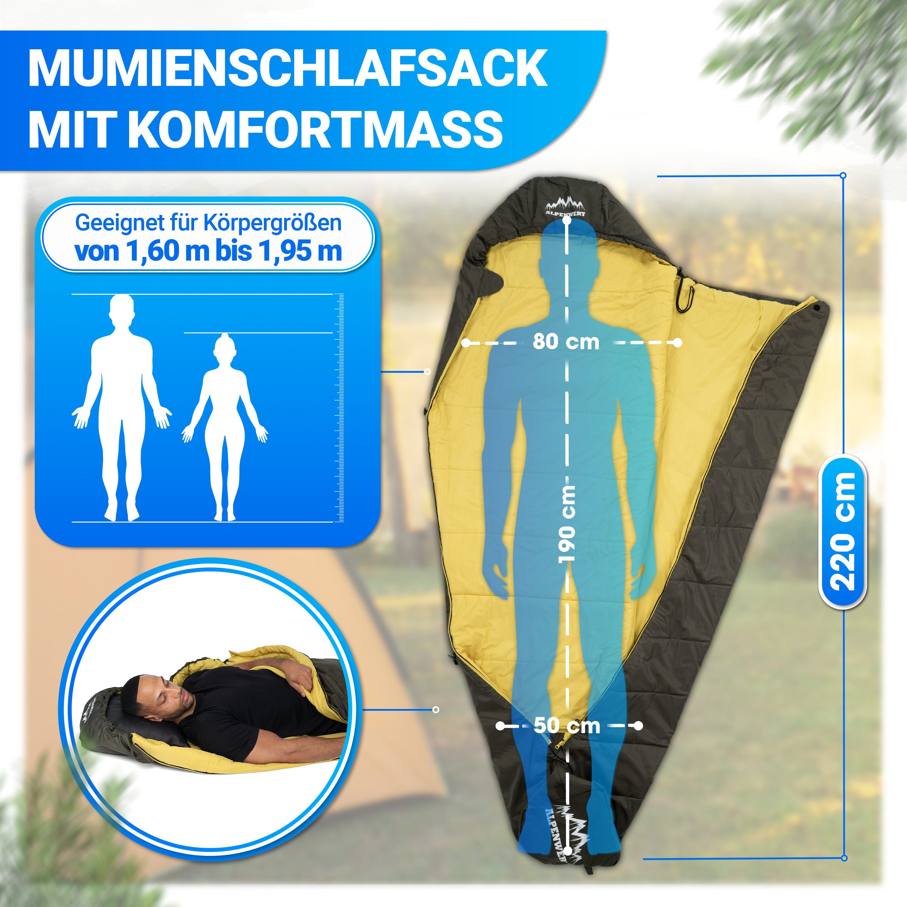 Alpenwert Mumienschlafsack Ultraleicht & kompakt, wasserabweisend, atmungsaktiv Camping & Outdoor, Sommerschlafsack, 2 Wege Reißverschluss, wattiert