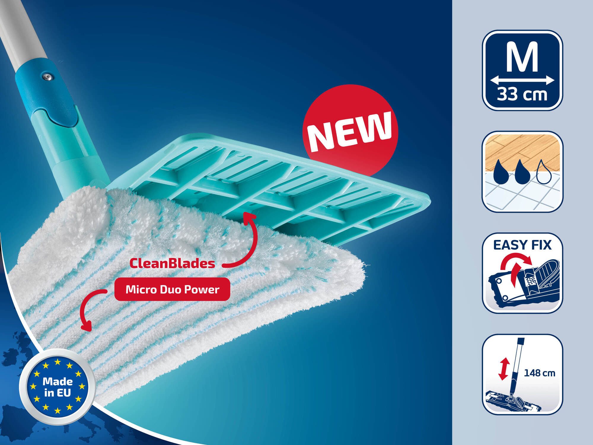 Leifheit Bodenwischer-Set Set POWER CLEAN mit 2x Ersatzbezug micro duo, (6-St), Waschbar bei 60°C, Wischbreite 33cm, 360° Gelenk, Arbeitshöhe 148cm