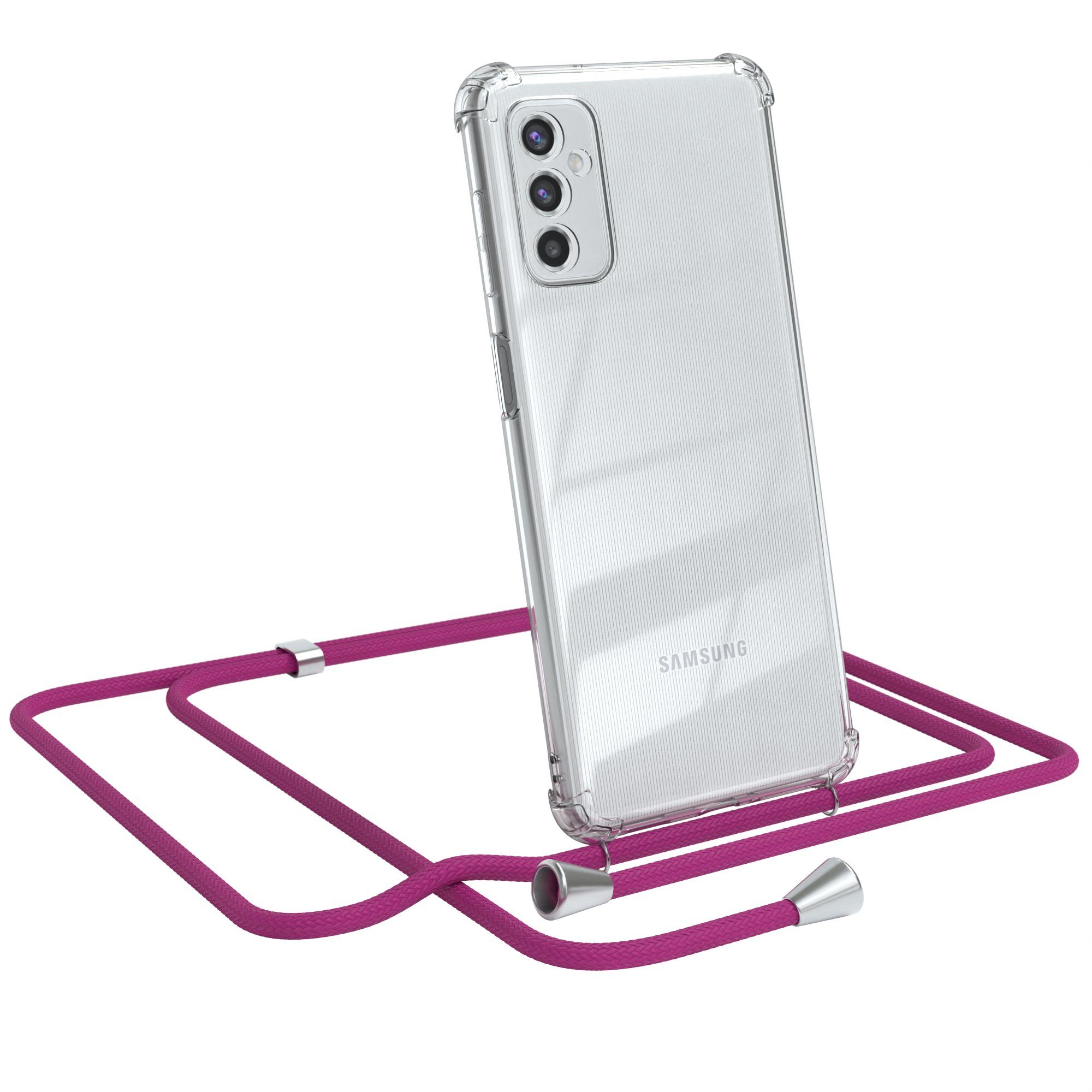 EAZY CASE Handykette Hülle mit Kette für Samsung Galaxy M52 5G 6,7 Zoll, Handykordel Slimcover mit Umhängeband zum Umhängen Pink / Clip Silber