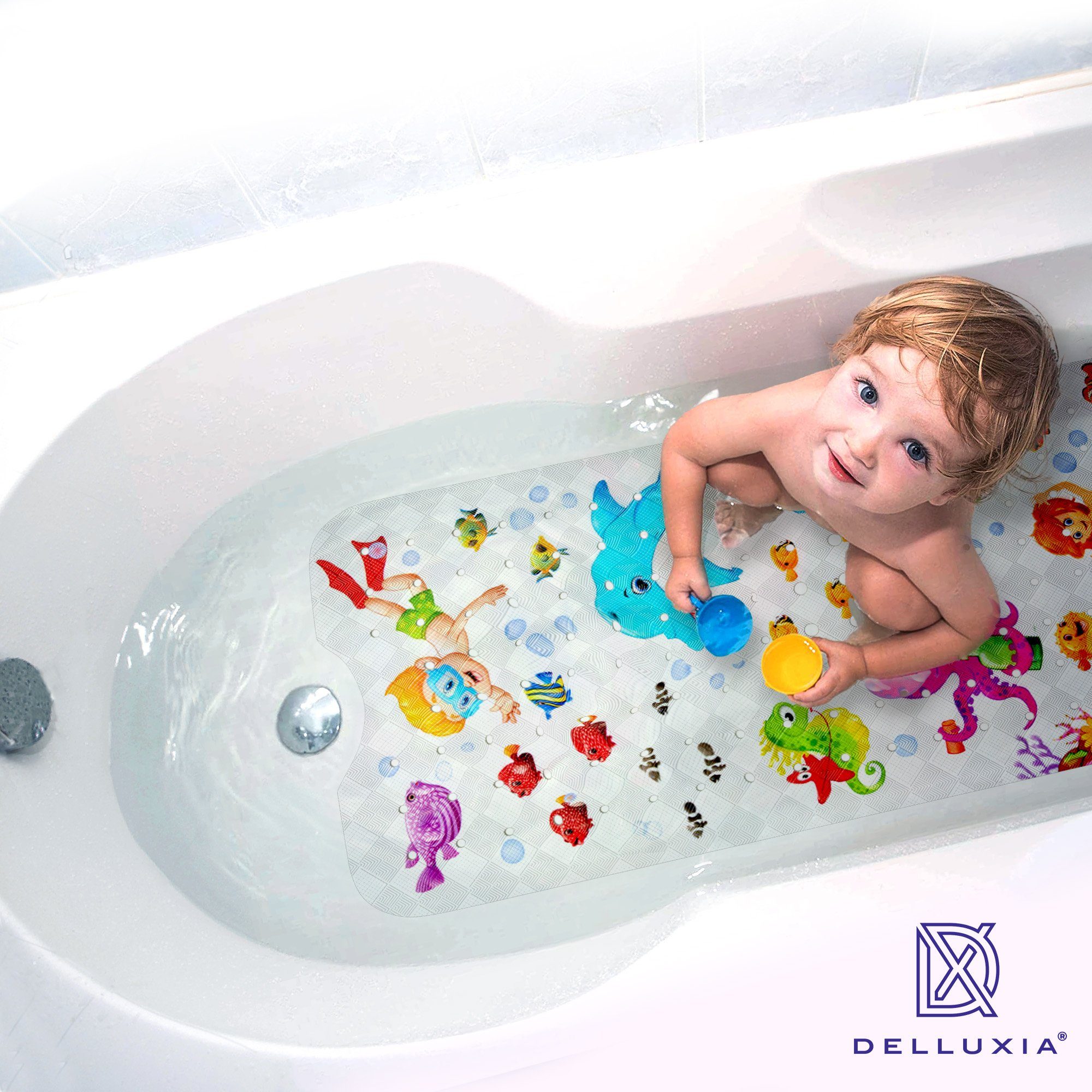 Delluxia Bathtub Mat for Children, Non-Slip, XL, W: 40 cm, L: 100 cm, incl. Hanging Loop, Odorless, Mold-Free, Plasticizer-Free