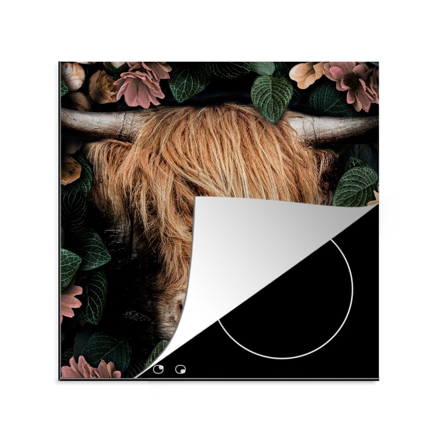 Kuh, Herdblende-/Abdeckplatte für tlg), küche MuchoWow - Blumen Ceranfeldabdeckung, cm, Schottischer Vinyl, Highlander 78x78 (1 - Arbeitsplatte