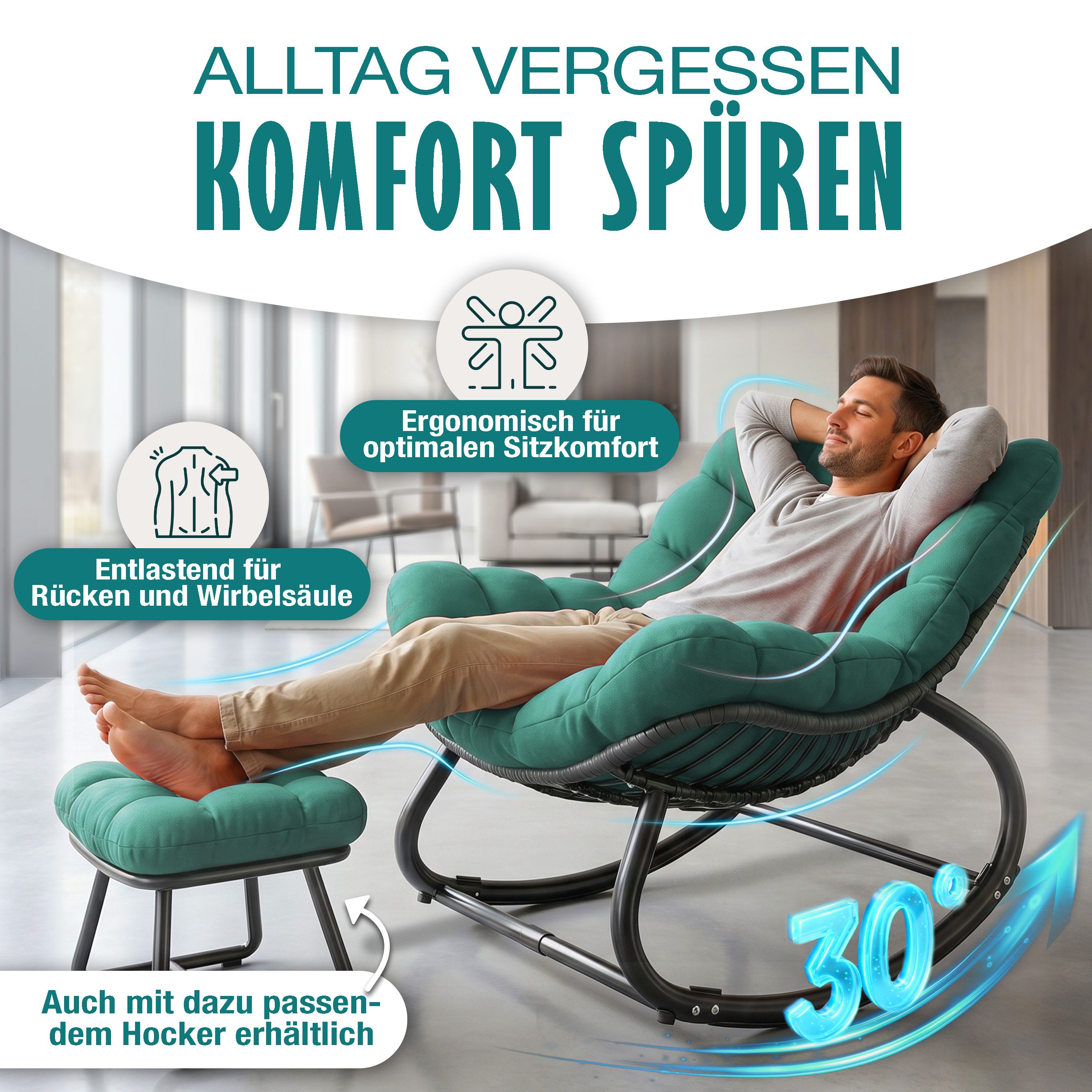 KESSER Schaukelstuhl (maximale Belastung 120kg, witterungsbeständig & mit rutschfesten Füßen), Loungesessel ergonomisches Relaxsessel für Balkon, Garten & Wohnz – Bild 4 von 5