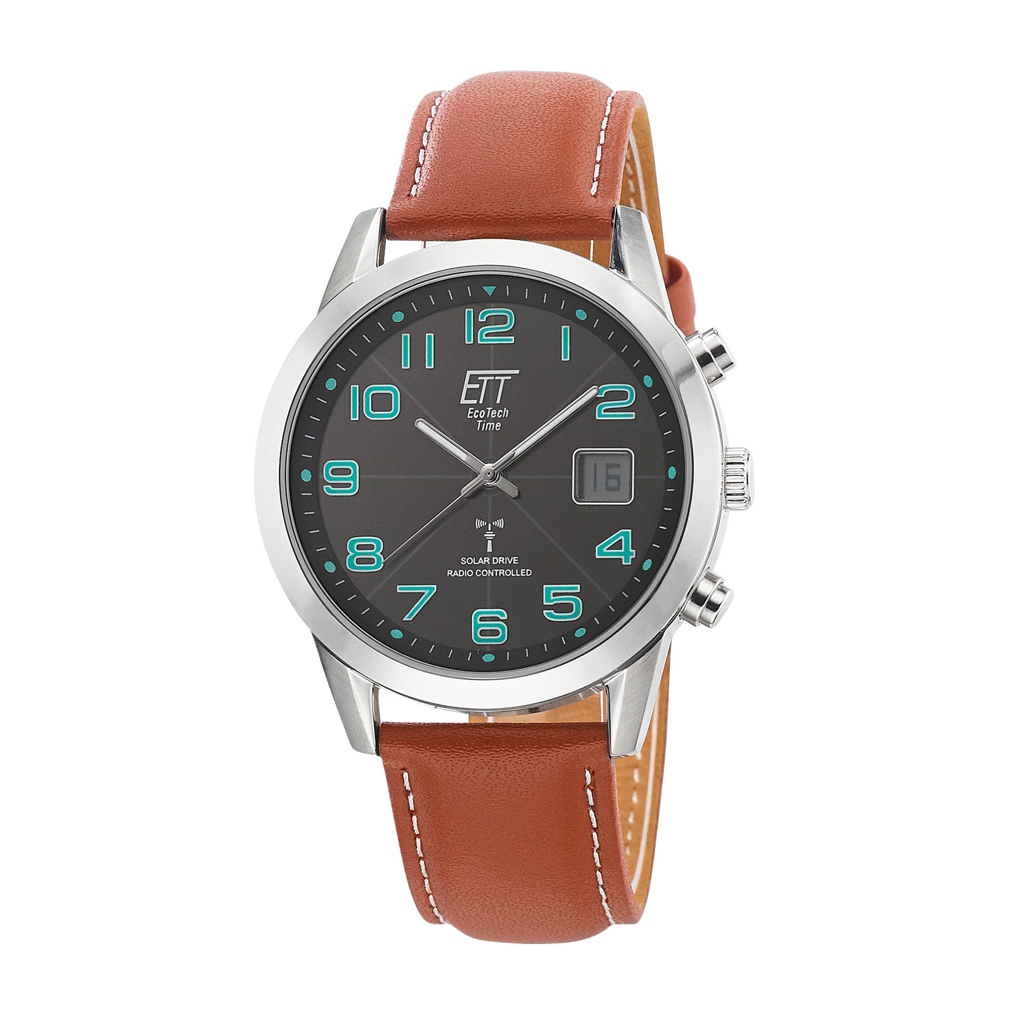 ETT Funkuhr Gobi EGS-11499-22L, Armbanduhr, Solar, Herrenuhr, Lederarmband, analog, digital, Tag