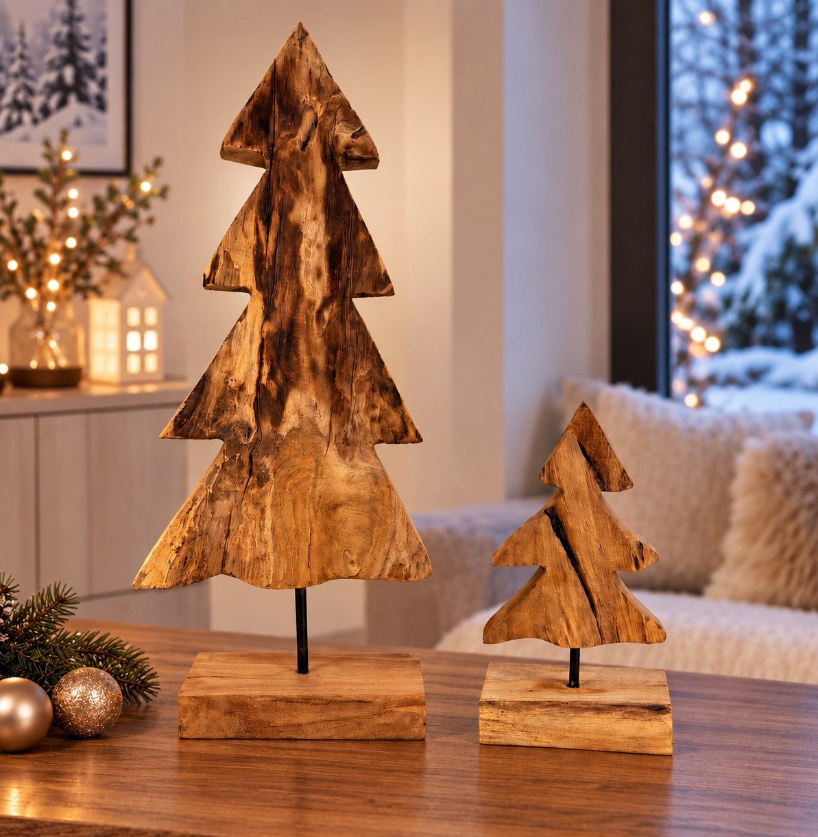 Online-Fuchs Dekofigur Tannenbaum aus massiven Teakholz - Deko Herbst, Winter & Weihnachten (1 oder 2 Bäume wählbar, auch als Weihnachtsbaum Dekoration verwendbar), jeder Baum ein Unikat! Form, Farbe, Maserung und Risse variieren