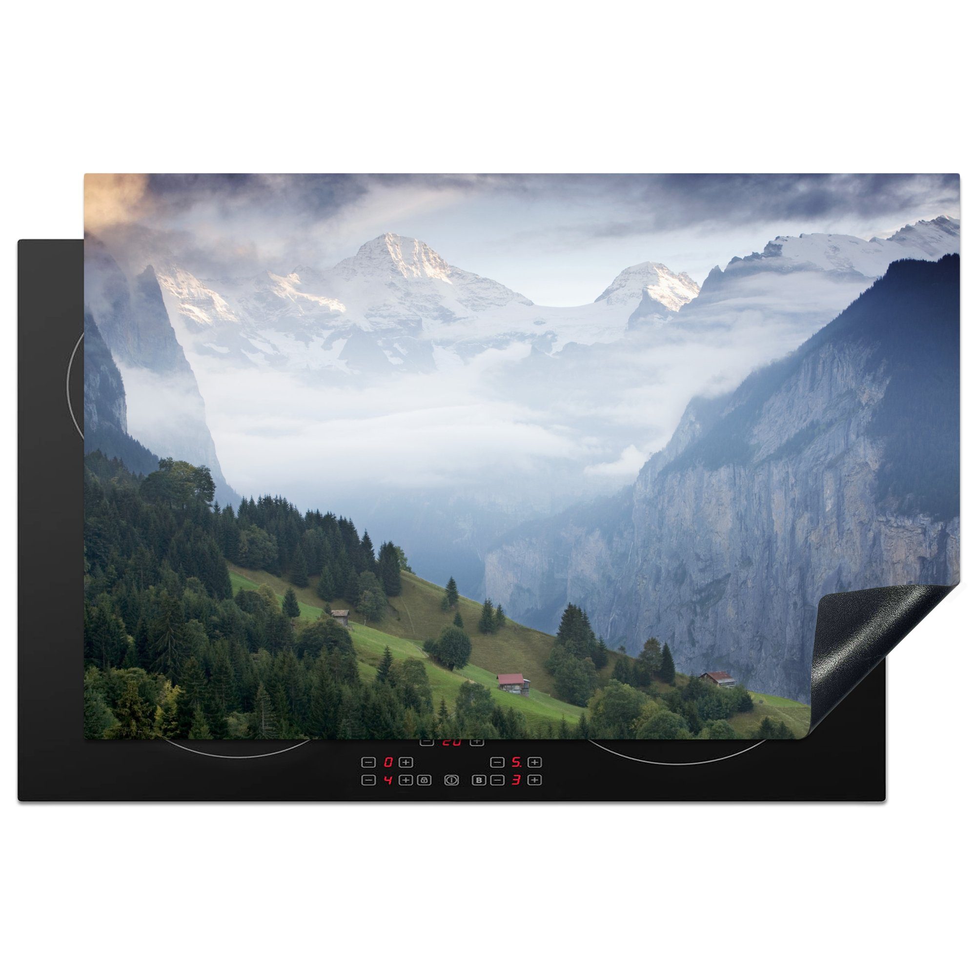 MuchoWow Herdblende-/Abdeckplatte Nebel hängt über den Bergen in Lauterbrunnen, Vinyl, (1 tlg), 81x52 cm, Induktionskochfeld Schutz für die küche, Ceranfeldabdeckung
