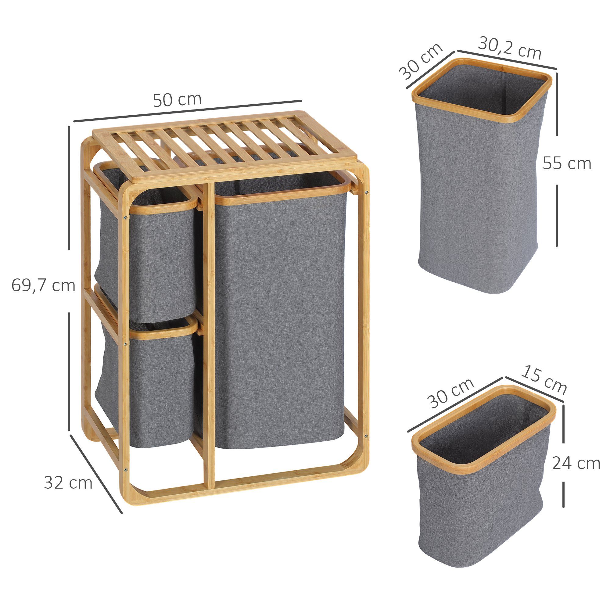 HOMCOM Wäschekorb mit Plattform Wäschesammler mit 3 abnehmbaren Wäschesacke (Wäschesortierer, 1 St., Wäschebox), Bambus Grau+Natur 50 x 32 x 69.7 cm – Bild 3 von 5