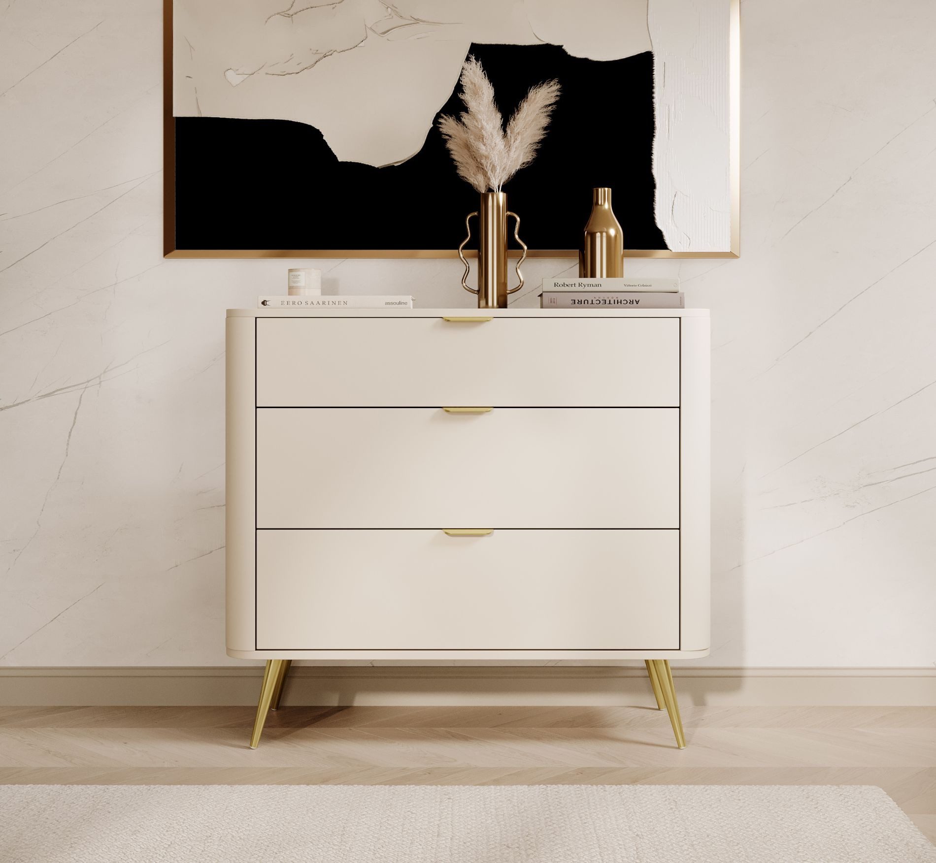 Selsey Kommode OVAL, mit 3 Schubladen, goldenen Füßen und Griffen, 92 cm