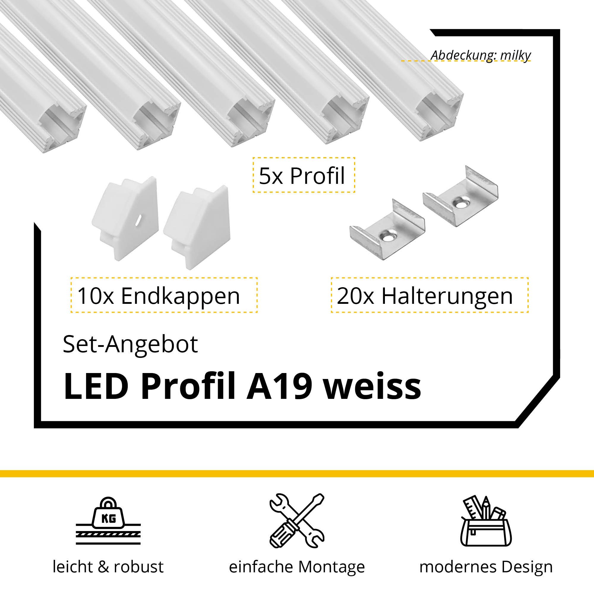 tktrading24 LED-Stripe-Profil 5x A19 LED Profil 2m - Weiss inkl. Abdeckung, Halter & Endkappen