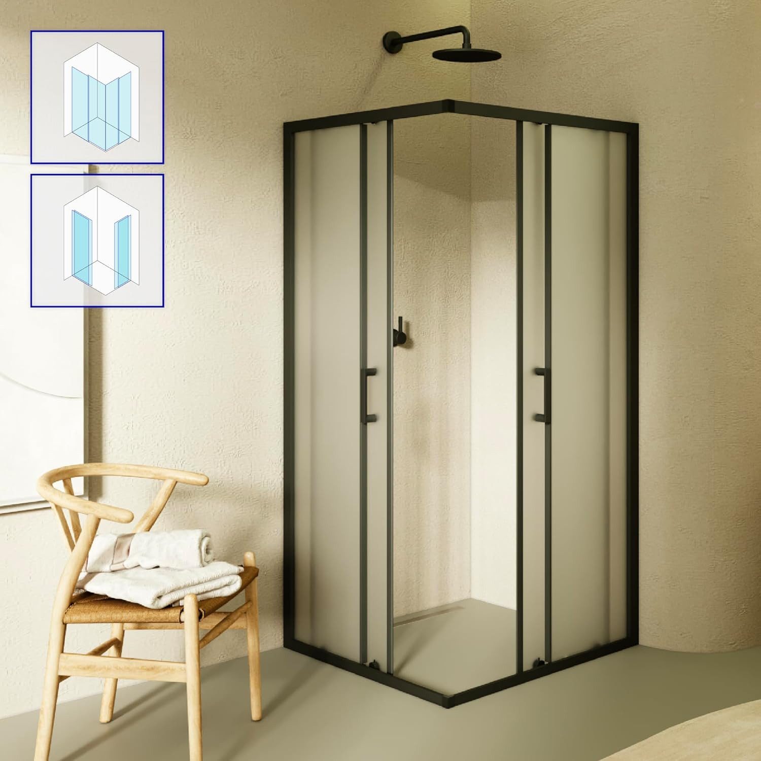 i-flair Eckdusche Schiebetür Duschkabine DANIELLE aus satiniertem 6 mm ESG, BxT: 75x95 cm, Einscheibensicherheitsglas, ohne Duschtasse, mit hochwertigen Aluminiumprofilen in schwarz, ebenerdiger Einbau möglich, mit Schiebetüren