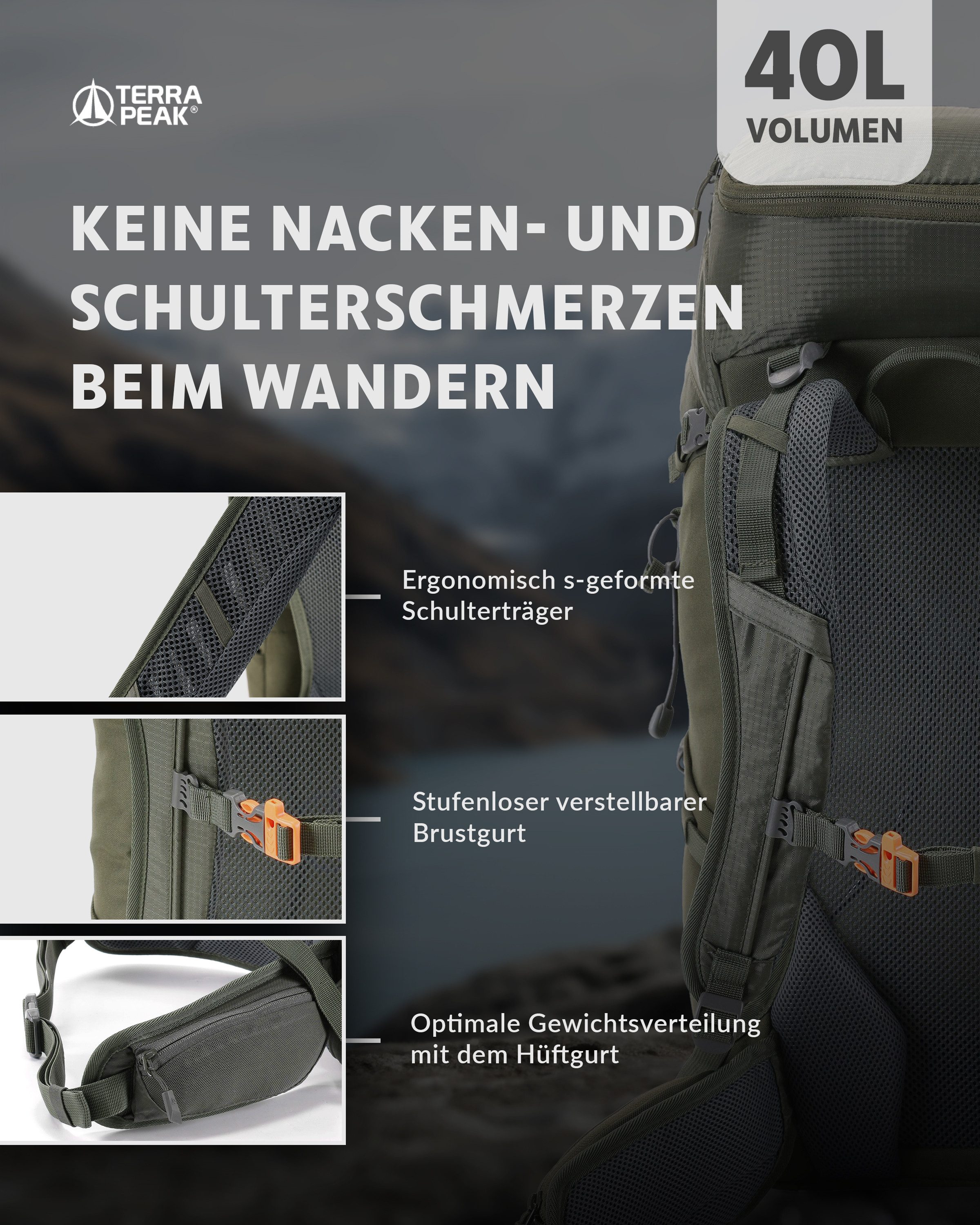 Terra Peak Wanderrucksack Airant 40, Rucksack mit belüftetem Netzrücken groß, 40 Liter