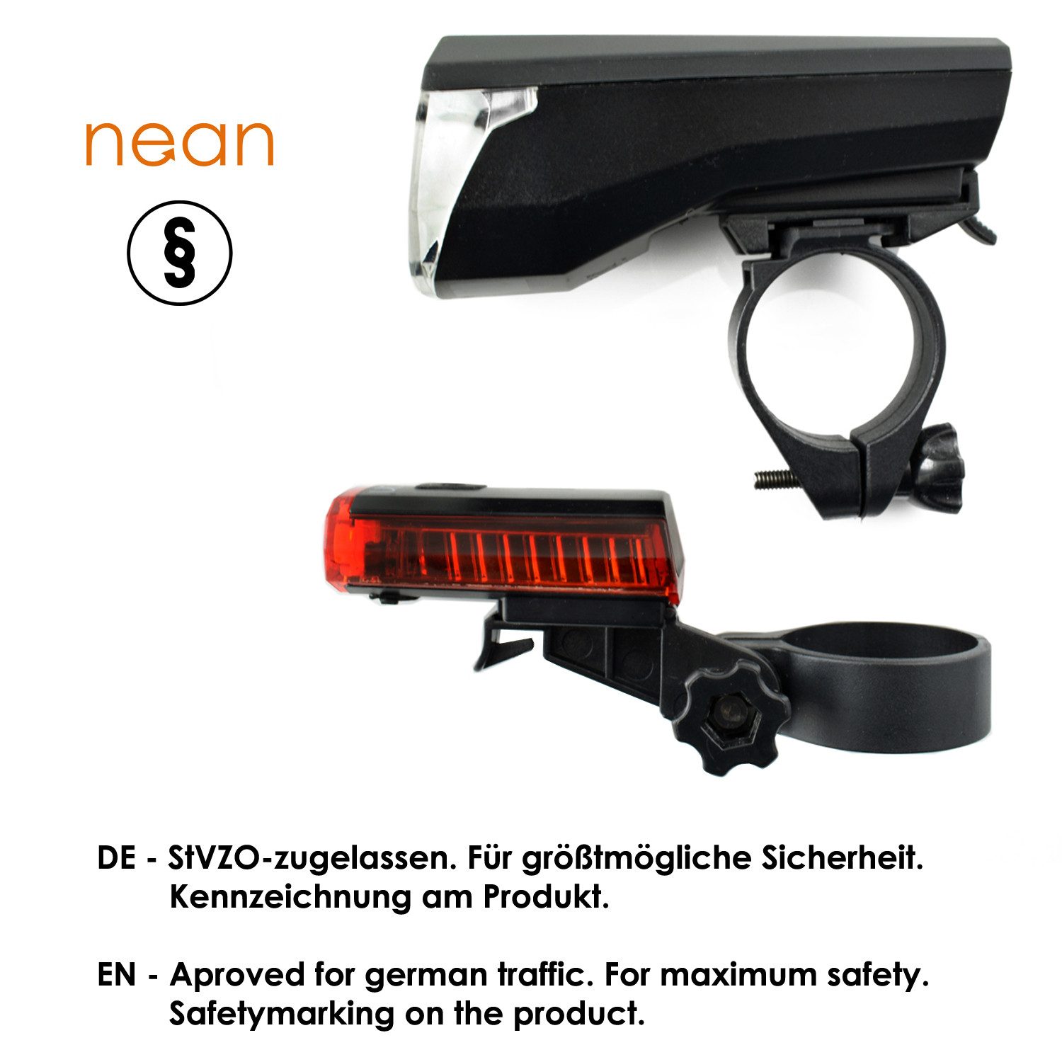 nean Fahrradbeleuchtung Set mit Akku und StVZO-Zulassung, 50 Lux, 4 Candela, mit 3 Helligkeitsstufen und USB-Ladebuchsen, abnehmbar