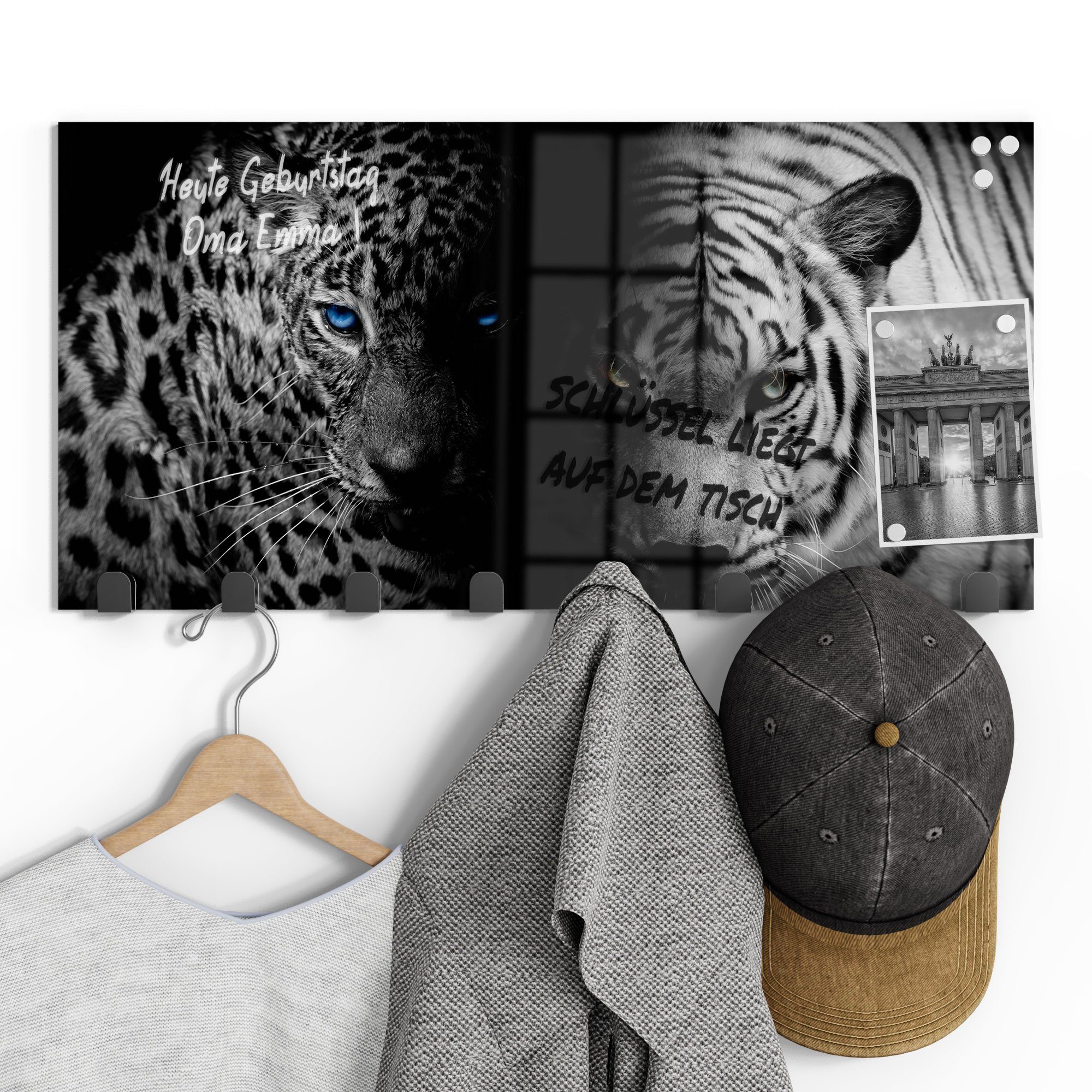 'Leopard und Tiger', Glas DEQORI Kleiderhaken beschreibbar Paneel Garderobe magnetisch