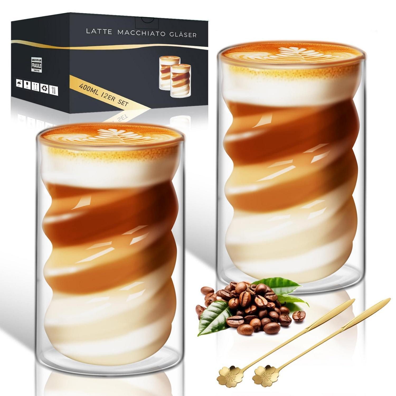 LuxusKollektion Latte-Macchiato-Glas Doppelwandige Latte Macchiato Gläser 400ml 2er Set, Glas