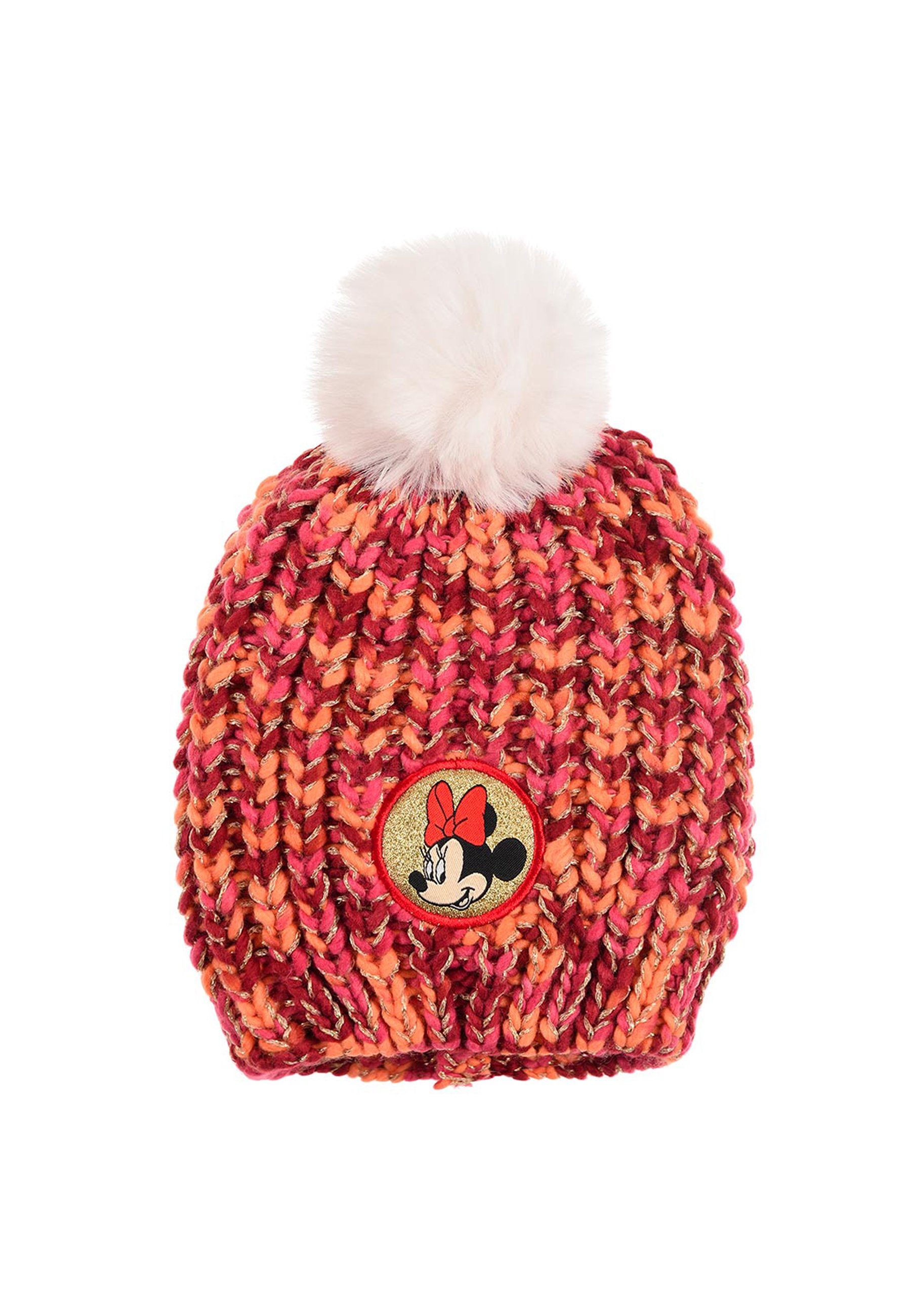 Disney Minnie Mouse Bommelmütze Kinder Mädchen Winter-Mütze Strick-Mütze mit Kunstpelz Bommel Rot