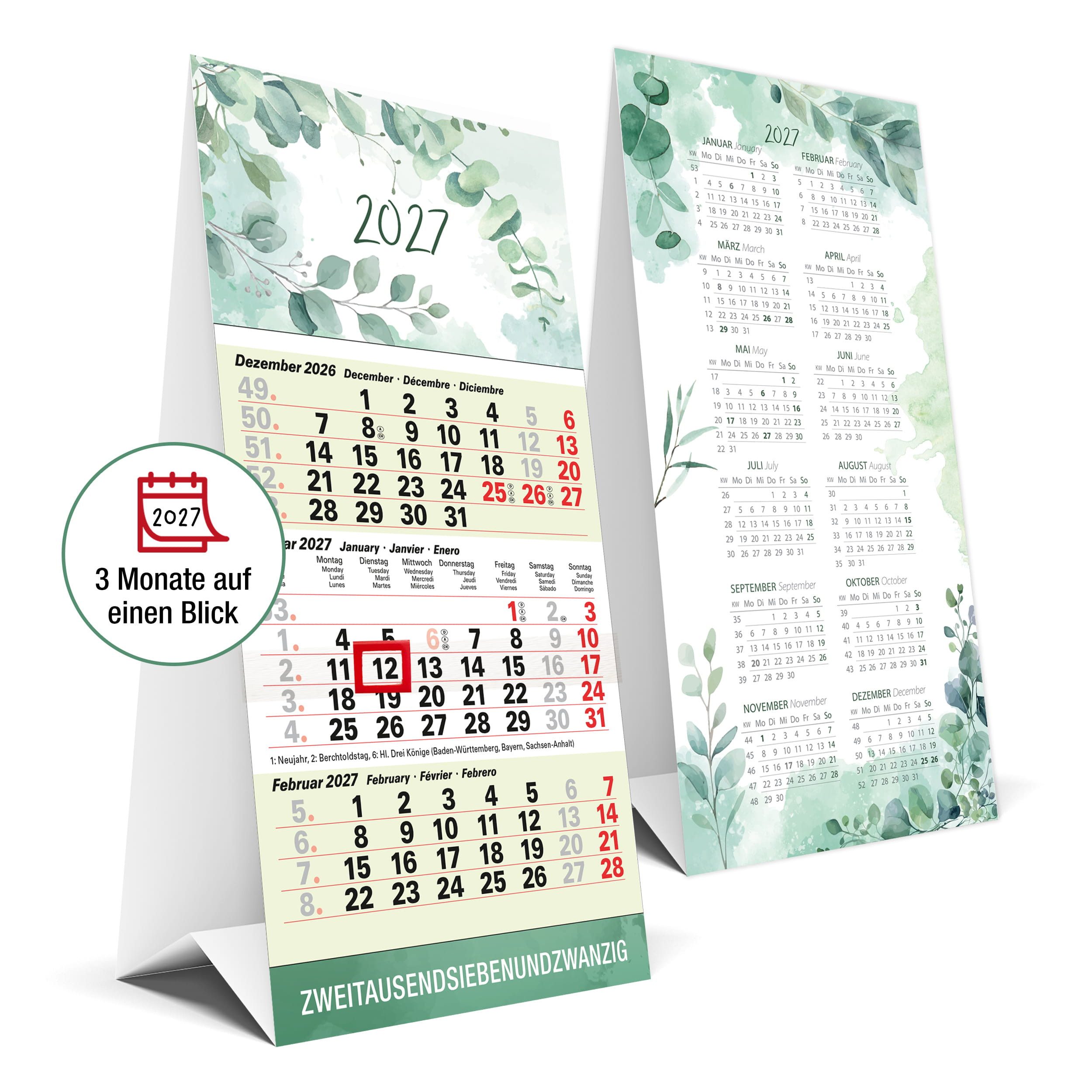 TOBJA Tischkalender 3 Monatskalender 2027 Tischkalender Datumsschieber Eukalyptus, 3 Monate im Blick, Datumsschieber, Abreißblätter, FSC, 18,5x9,8 cm